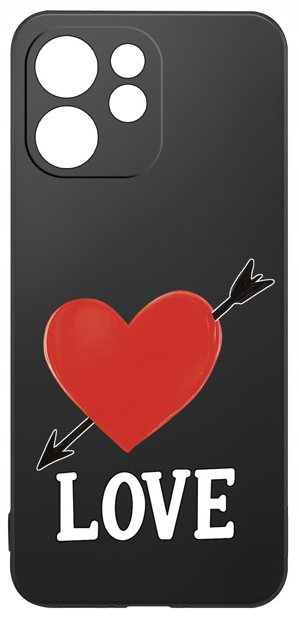 Czarne etui z czerwonym sercem przebitym strzałą oraz napisem \'LOVE\' na dole. Etui ma wycięcia na aparat i przyciski.