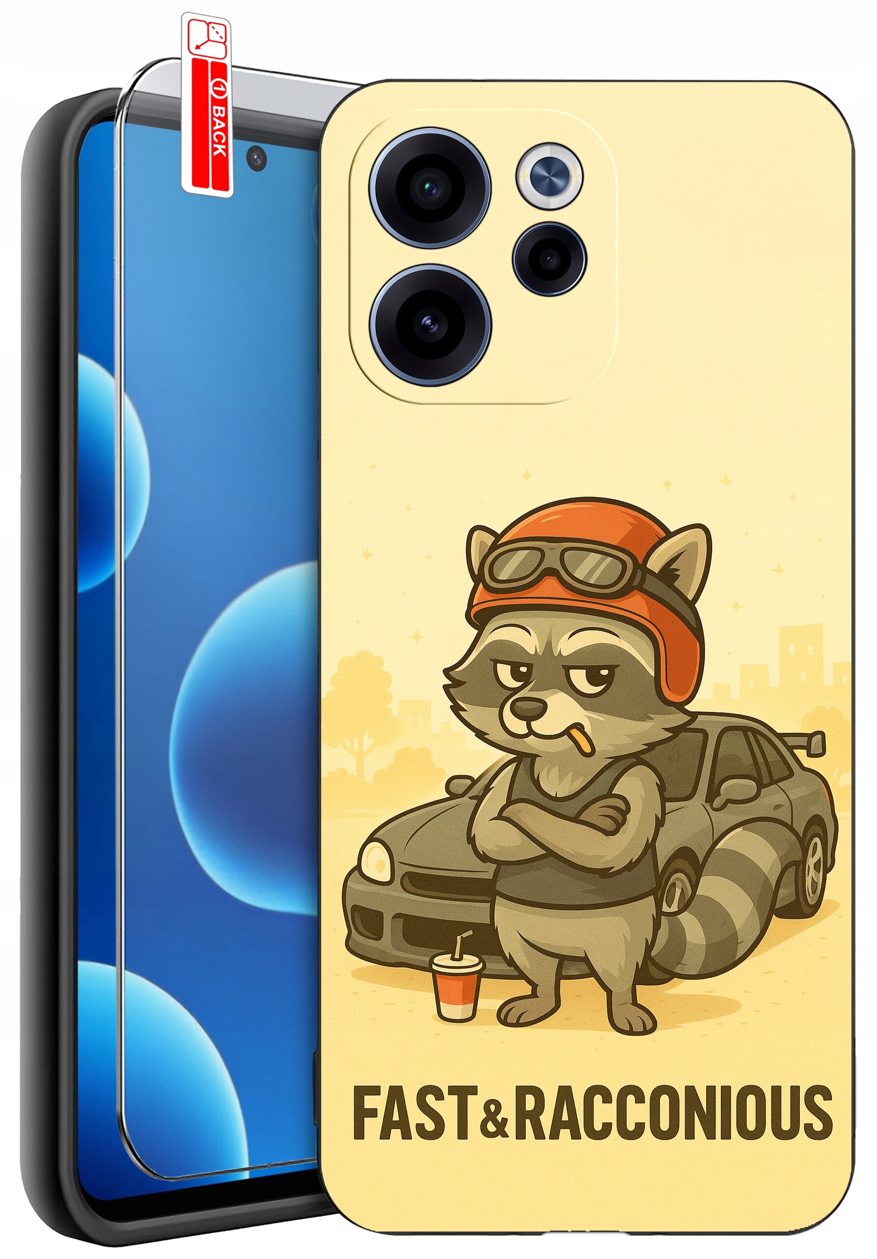 Etui na telefon z nadrukiem szopa w czerwonym kasku, stojącego przed samochodem, z napisem \'FAST & RACCONIOUS\'. Obok etui znajduje się szkło ochronne z oznaczeniem \'BACK\'.