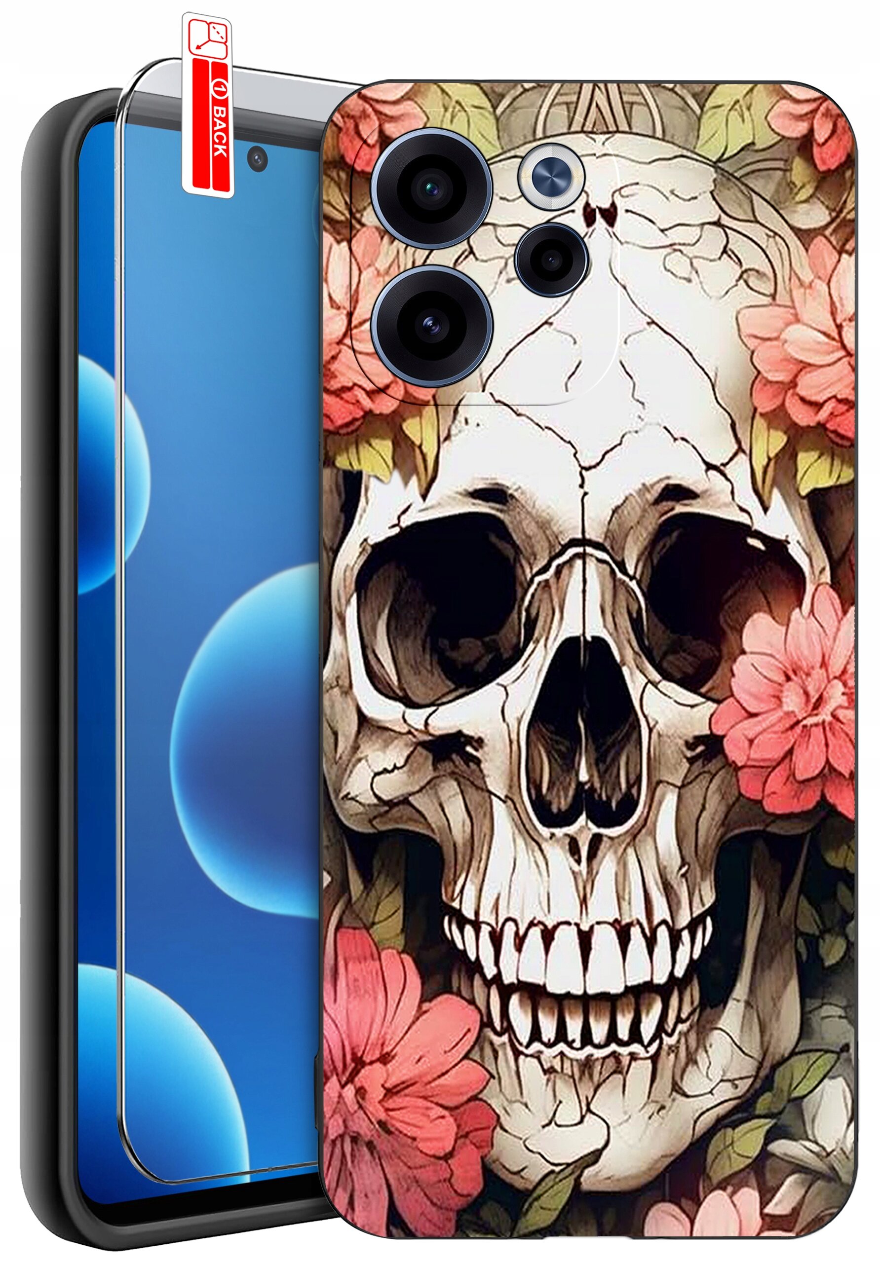Etui na telefon z wzorem czaszki otoczonej różowymi kwiatami. Obok znajduje się szkło ochronne z napisem \'BACK\'.