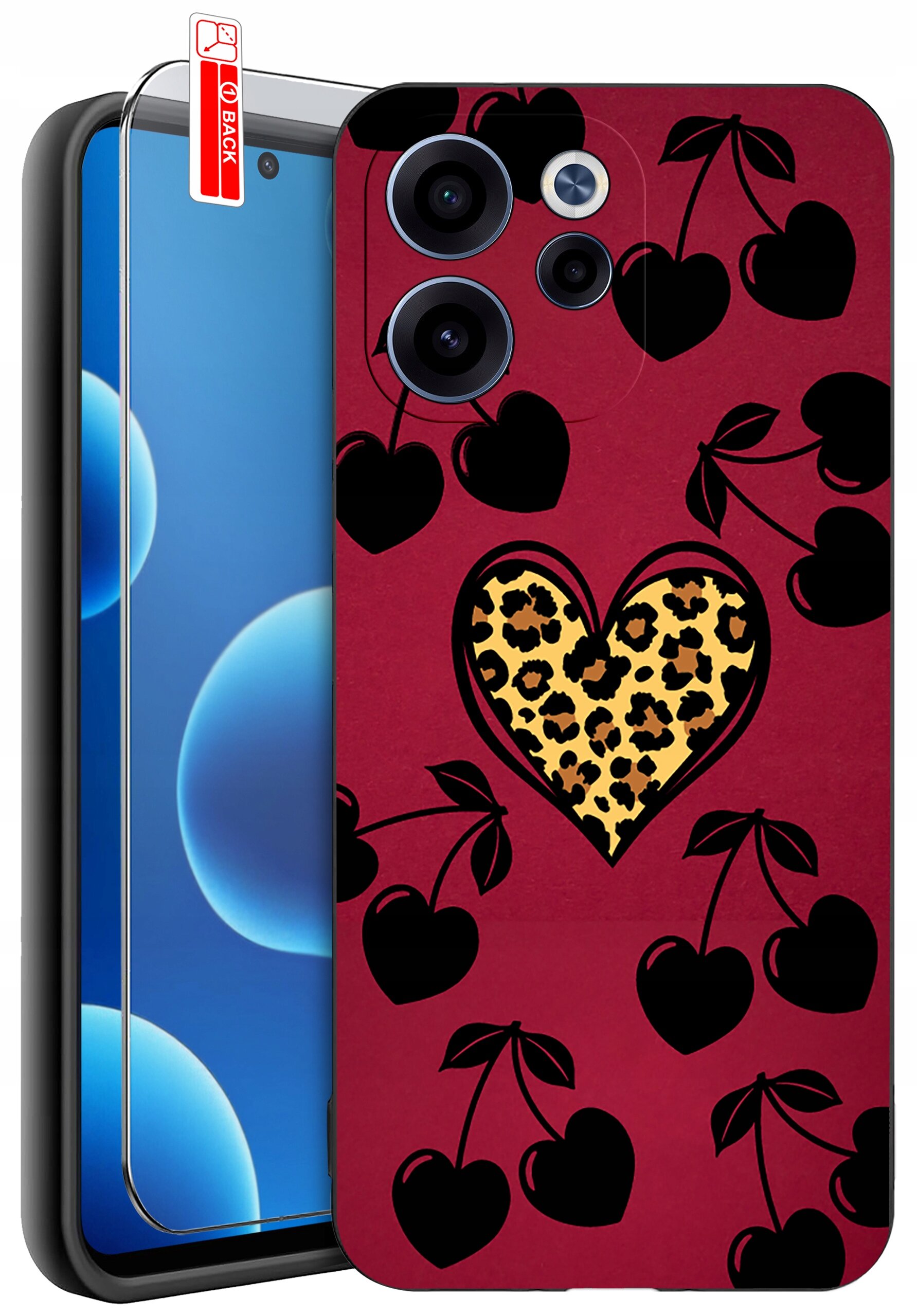 Etui na telefon z czerwonym tłem, ozdobione czarnymi sercami i jednym sercem z wzorem w cętki. Obok etui znajduje się szkło ochronne z napisem \'BACK\'.