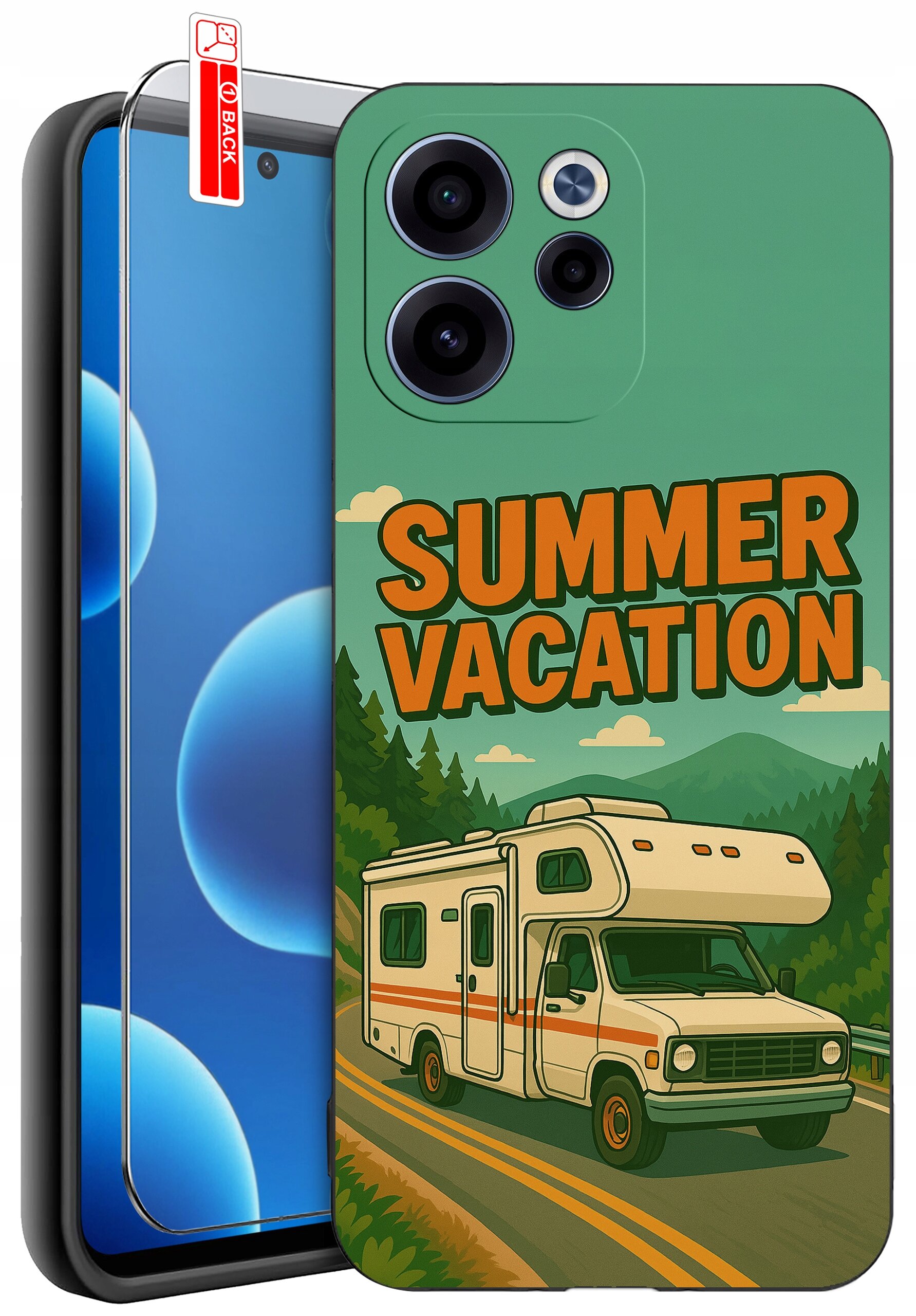Etui na telefon z grafiką przedstawiającą kampera na drodze z napisem \'SUMMER VACATION\'. Obok etui znajduje się szkło ochronne z oznaczeniem \'BACK\'.