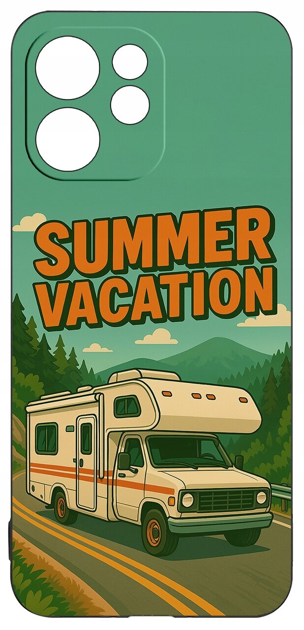 Etui z grafiką przedstawiającą kampera na drodze w otoczeniu gór i lasów, z napisem \'SUMMER VACATION\'.