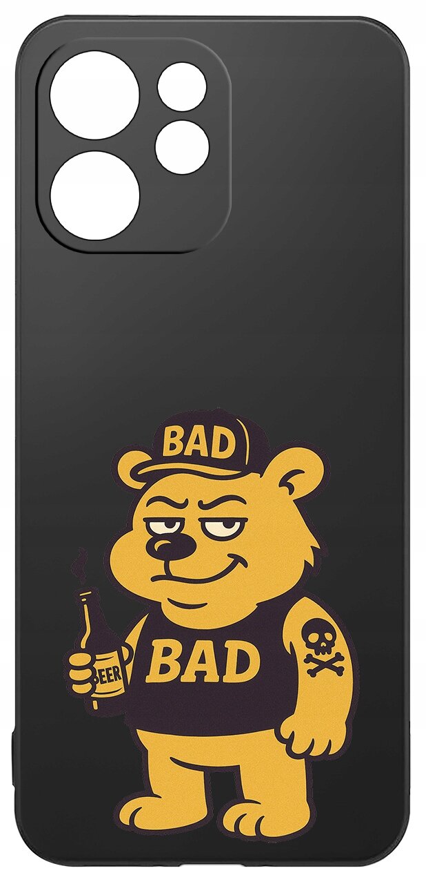 Czarne etui z nadrukiem żółtego misia w czapce z napisem \'BAD\', trzymającego butelkę z napisem \'BEER\'.