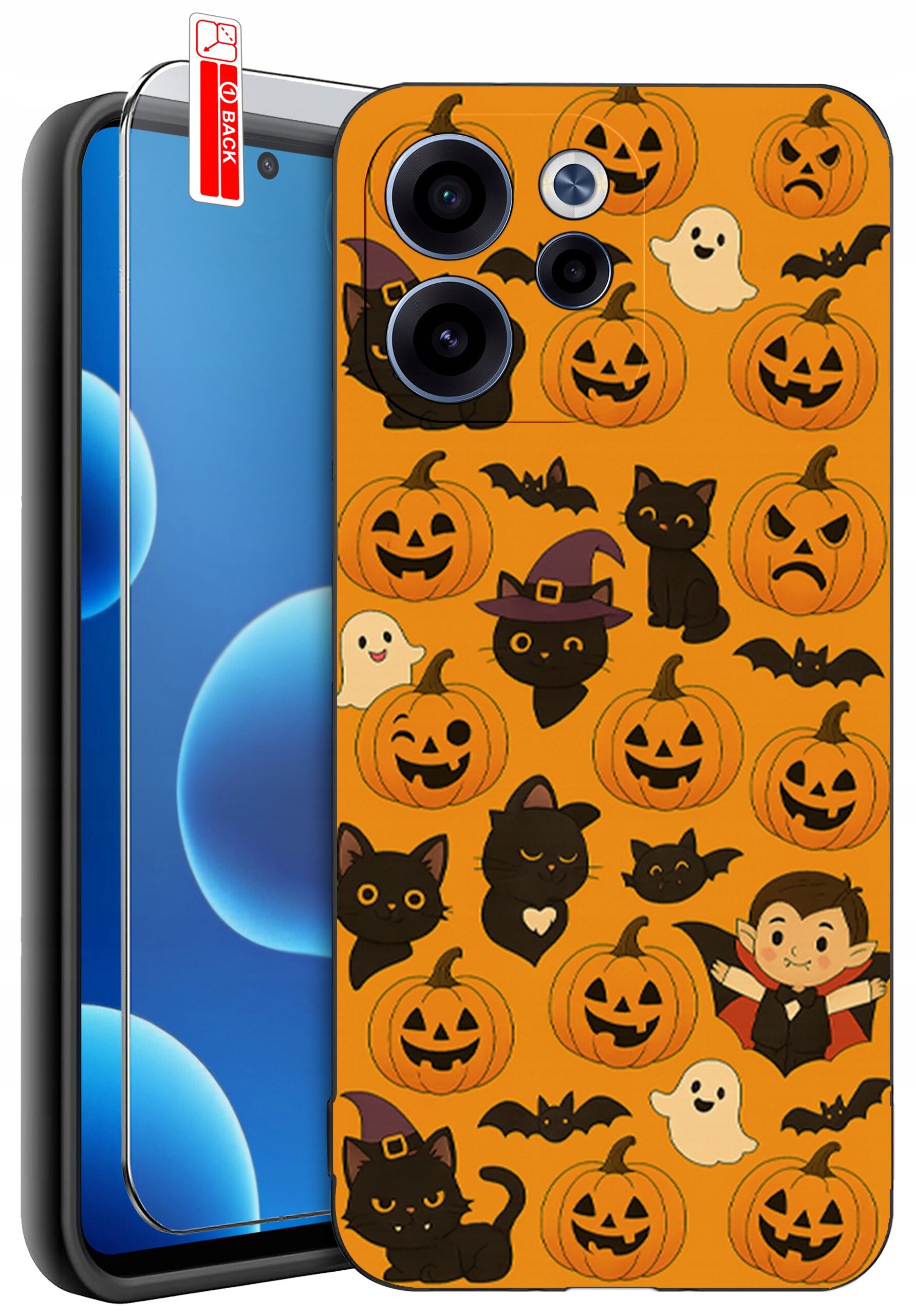 Etui na telefon z motywem Halloween, przedstawiające dynie, czarne koty, nietoperze, duchy i postać wampira na pomarańczowym tle. Obok etui znajduje się szkło ochronne z oznaczeniem \'BACK\'.