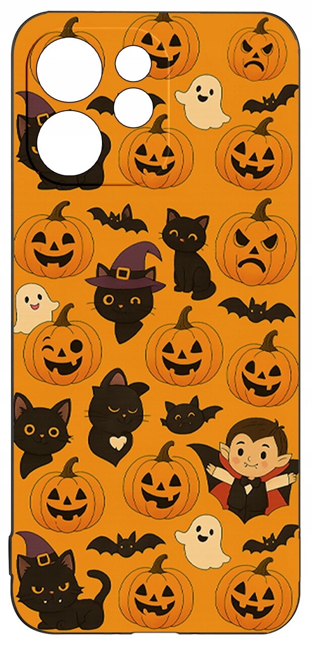 Etui na telefon z motywem Halloween, przedstawiające dynie, czarne koty, nietoperze, duchy i postać wampira na pomarańczowym tle.