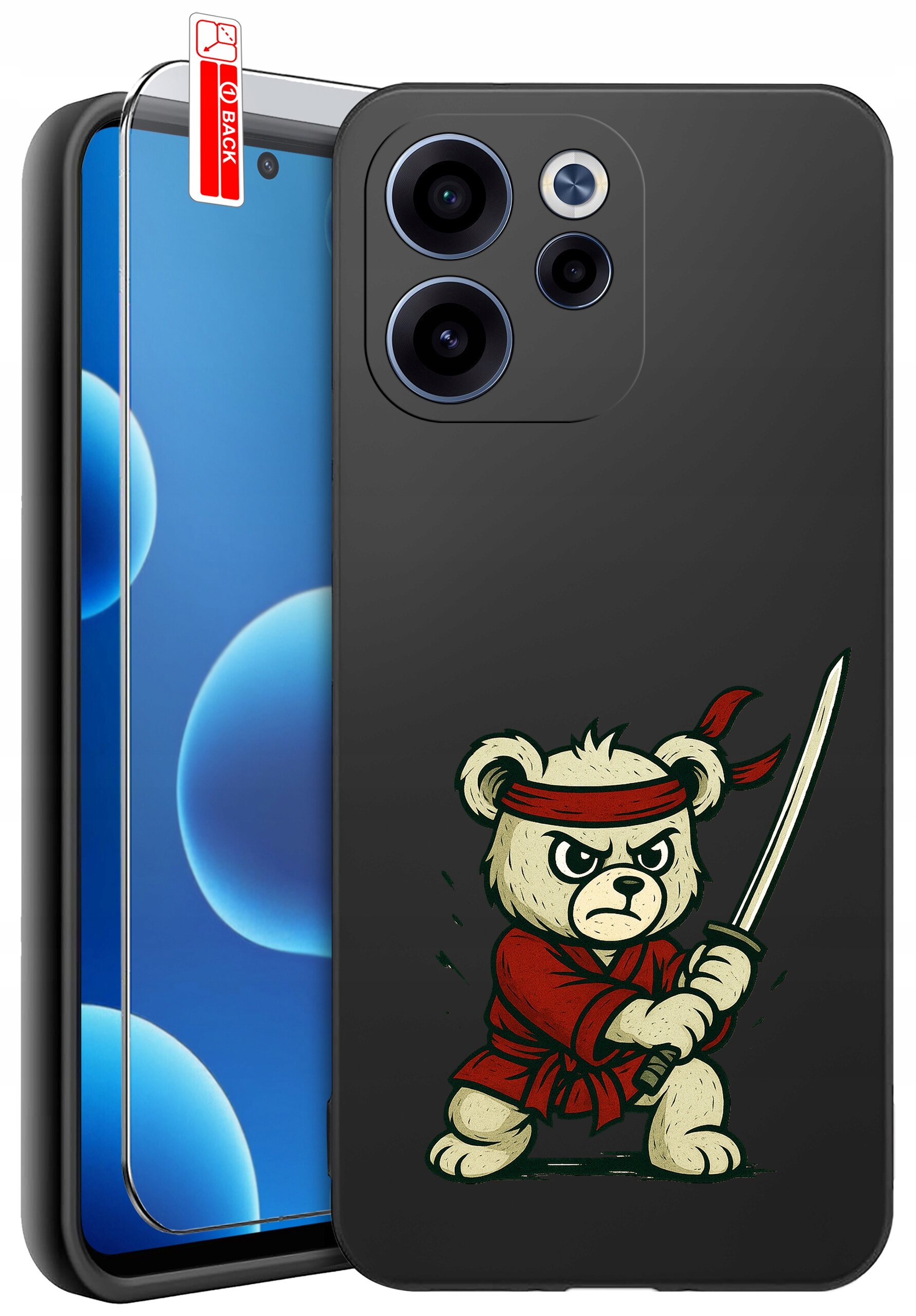 Czarne etui na telefon z nadrukiem misia w czerwonym stroju i opasce, trzymającego miecz. Obok znajduje się szkło ochronne z napisem \'BACK\'.
