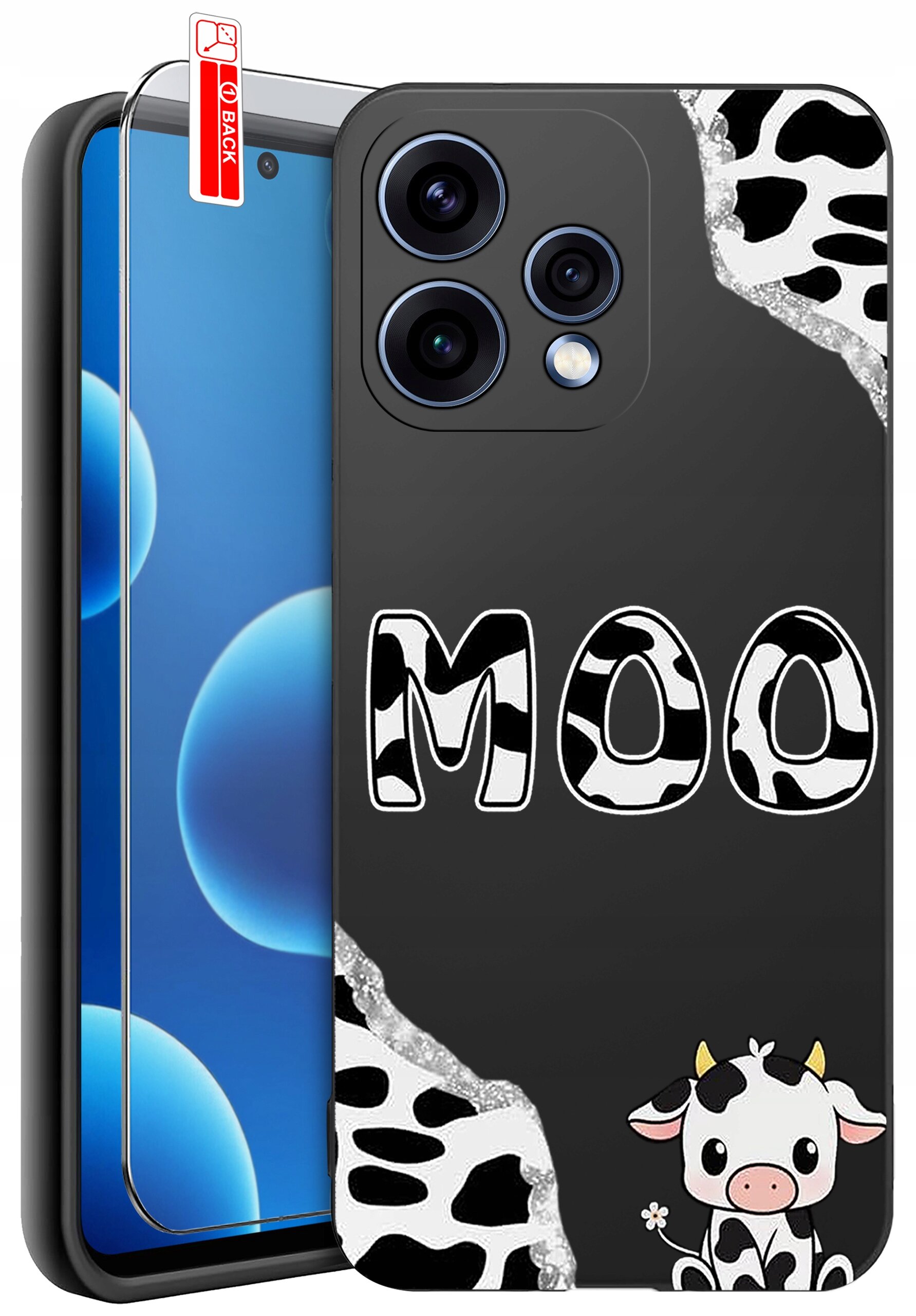 Etui na telefon z motywem krowy, z napisem \'MOO\' w czarno-białe łaty oraz rysunkiem krowy w dolnym rogu. Obok etui znajduje się szkło ochronne z oznaczeniem \'BACK\'.