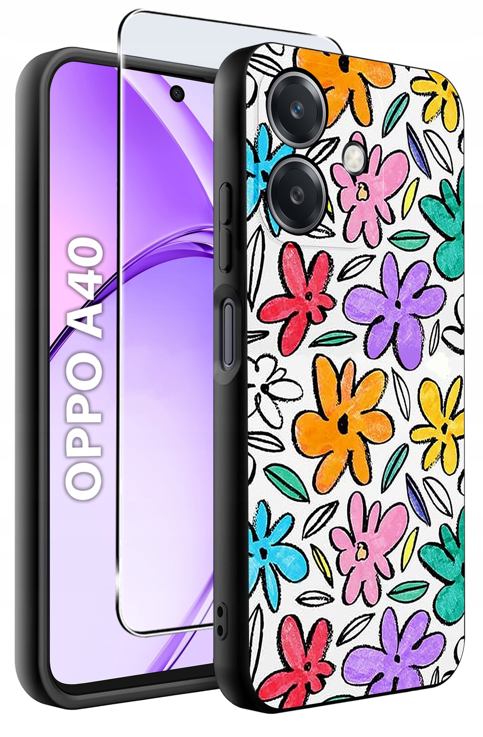 Obraz przedstawia etui na telefon z kolorowymi kwiatowymi wzorami oraz szkło ochronne. Na ekranie telefonu widoczny jest napis \'OPPO A40\'.