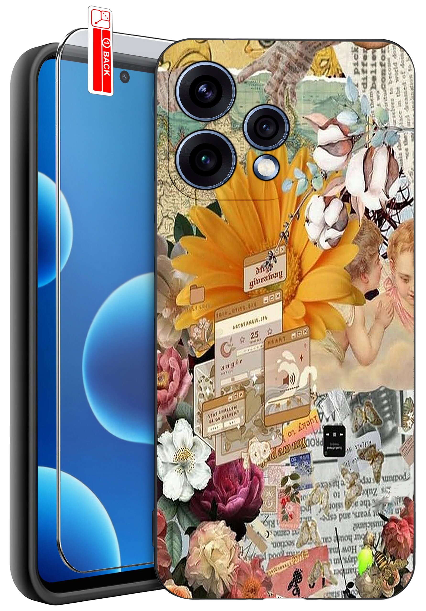 Etui na telefon z kolorowym, kwiatowym wzorem i elementami graficznymi, w tym ikonami i tekstem. Obok widoczna jest ochrona ekranu z napisem \'BACK\'.