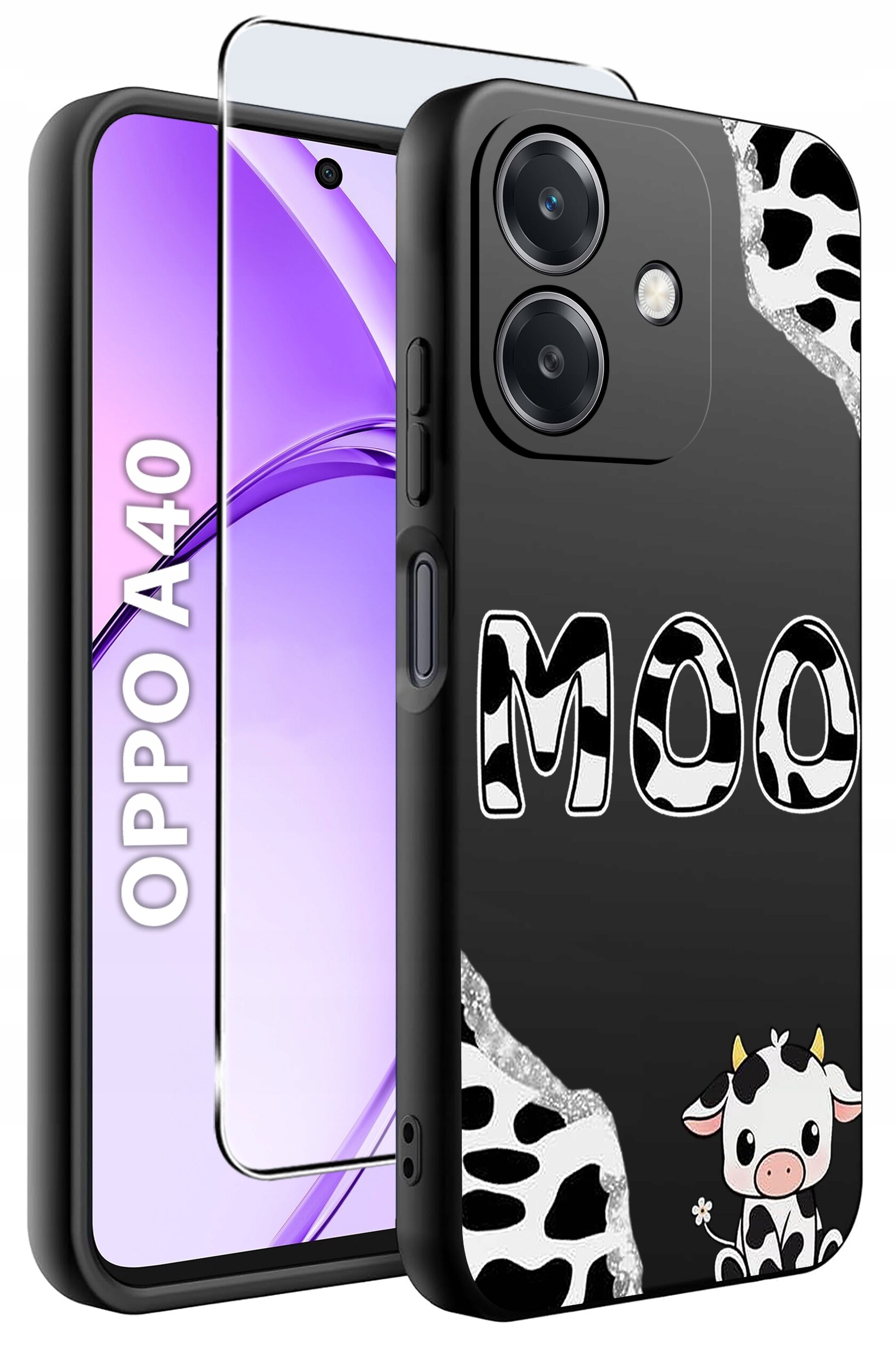Obraz przedstawia etui na telefon z motywem krowy, z napisem \'MOO\' oraz grafiką krowy w dolnym rogu. Obok etui widoczny jest telefon z napisem \'OPPO A40\'.