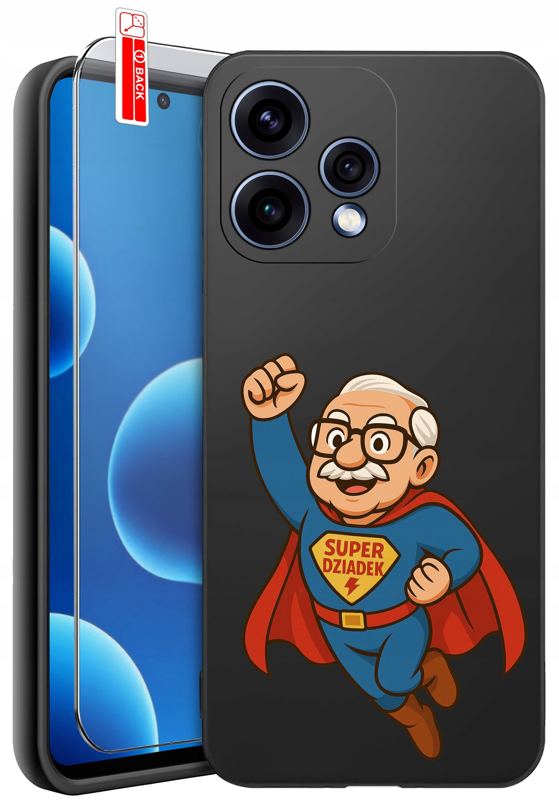 Etui na telefon z grafiką przedstawiającą postać w stroju superbohatera z napisem \'SUPER DZIADEK\'. Obok etui znajduje się szkło ochronne z oznaczeniem \'BACK\'.