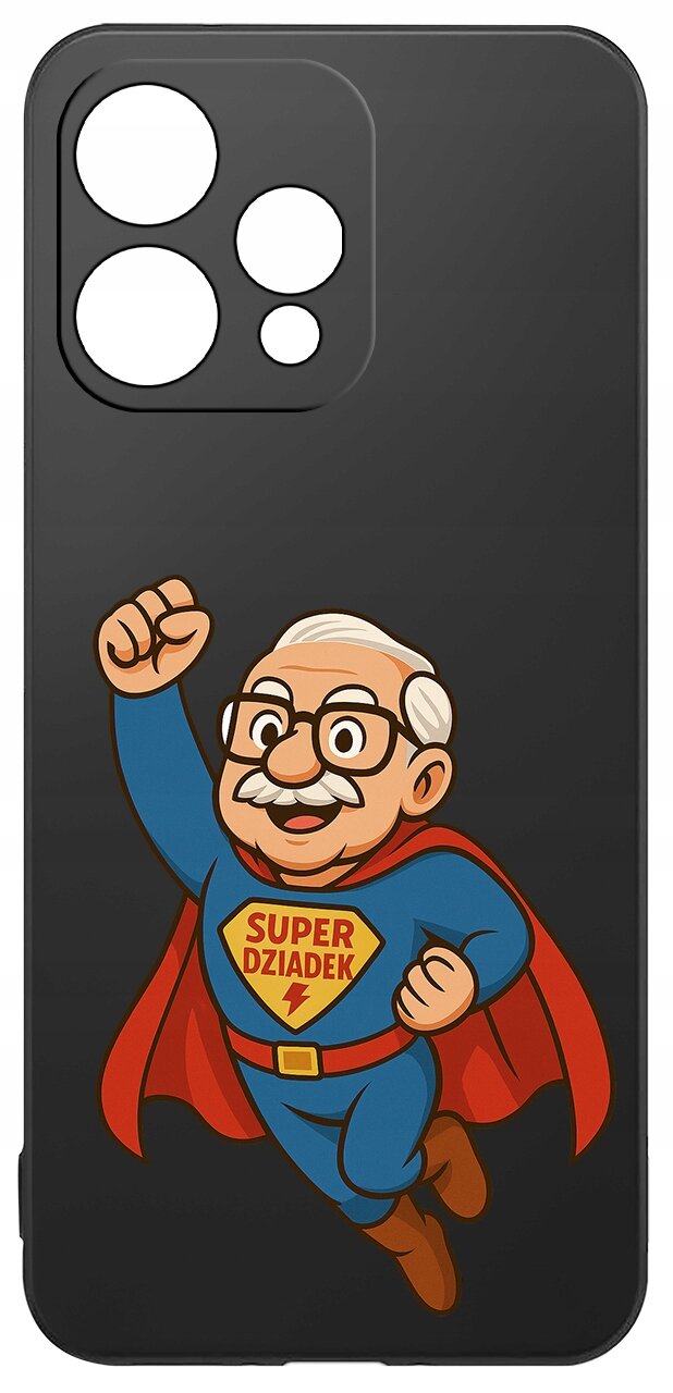 Czarne etui na telefon z grafiką przedstawiającą starszego mężczyznę w stroju superbohatera z napisem \'SUPER DZIADEK\'.