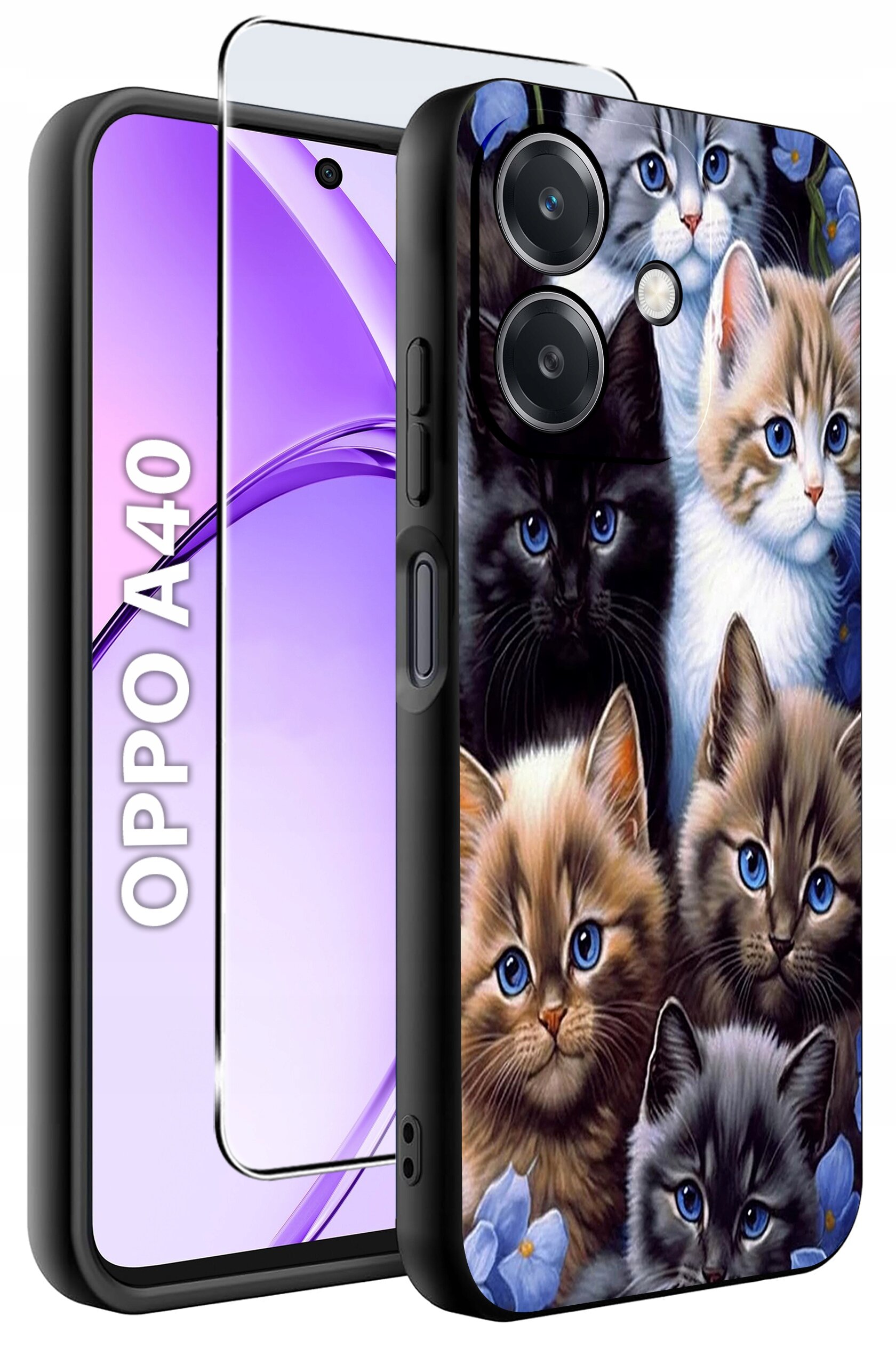 Etui na telefon z nadrukiem kilku kotów, obok widoczny telefon z napisem \'OPPO A40\'.