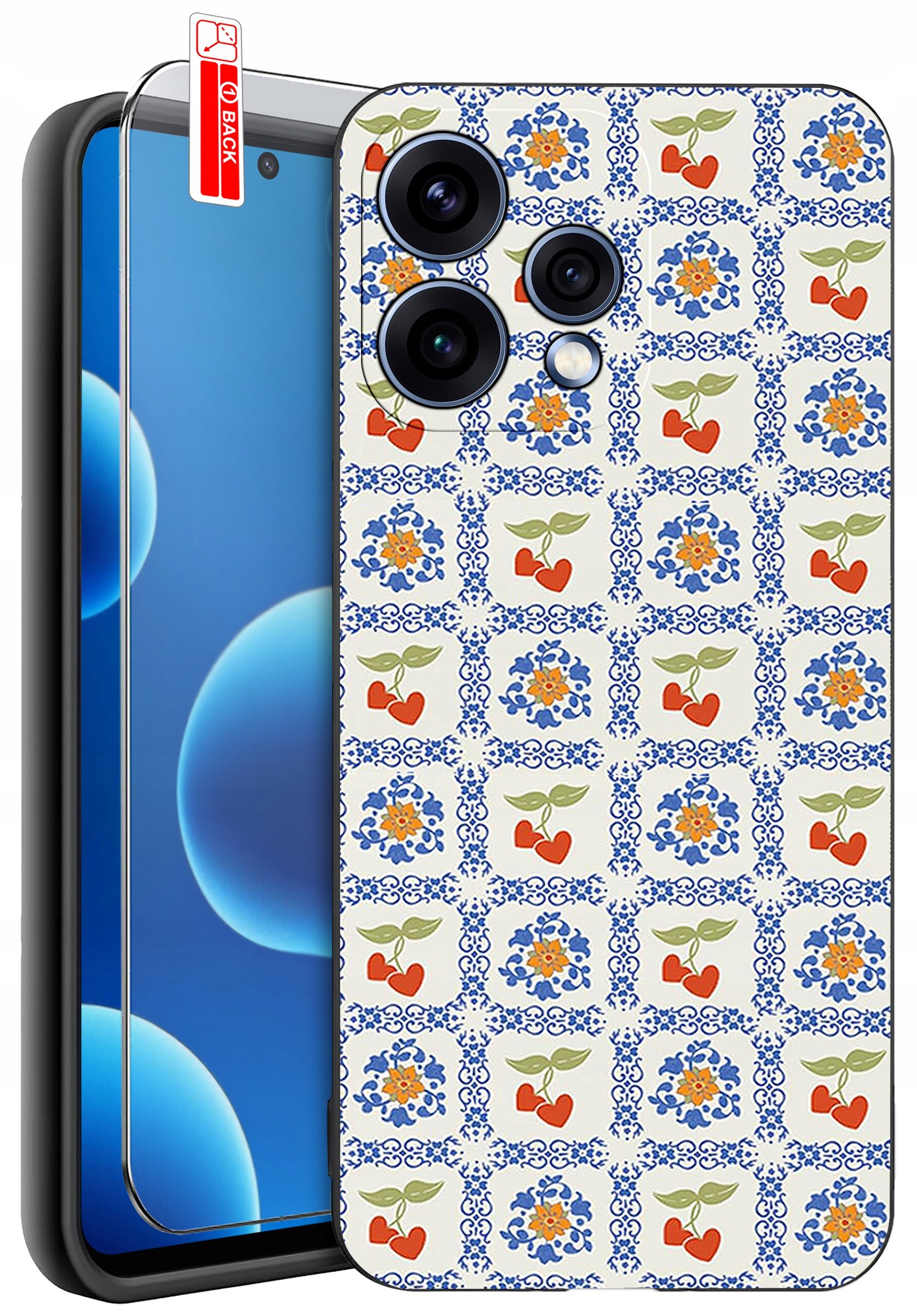 Obraz przedstawia telefon z nałożonym etui o wzorze z niebieskimi ornamentami i motywami kwiatowymi oraz owocowymi. Obok telefonu znajduje się szkło ochronne z etykietą \'BACK\'.