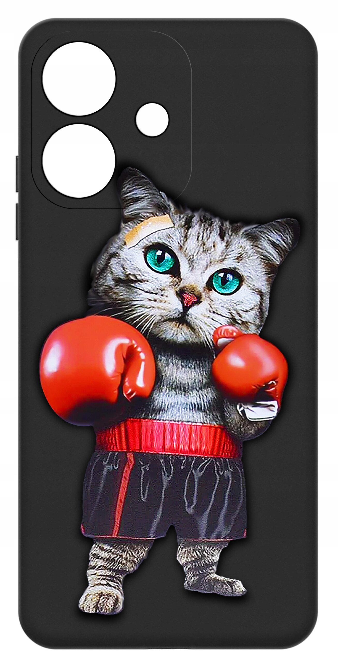 Etui na telefon z grafiką kota w rękawicach bokserskich i spódniczce, na czarnym tle. Etui ma wycięcia na aparat i inne elementy telefonu.