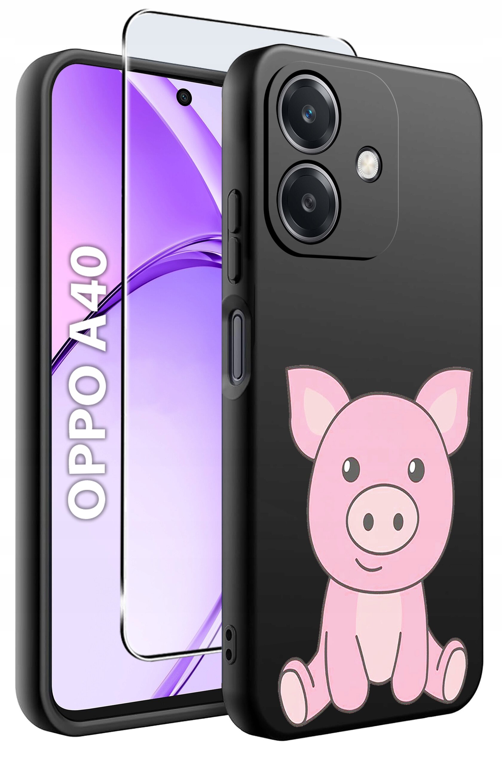 Obraz przedstawia czarne etui na telefon z rysunkiem różowej świnki oraz szkło ochronne. Obok widoczny jest telefon z napisem \'OPPO A40\'.