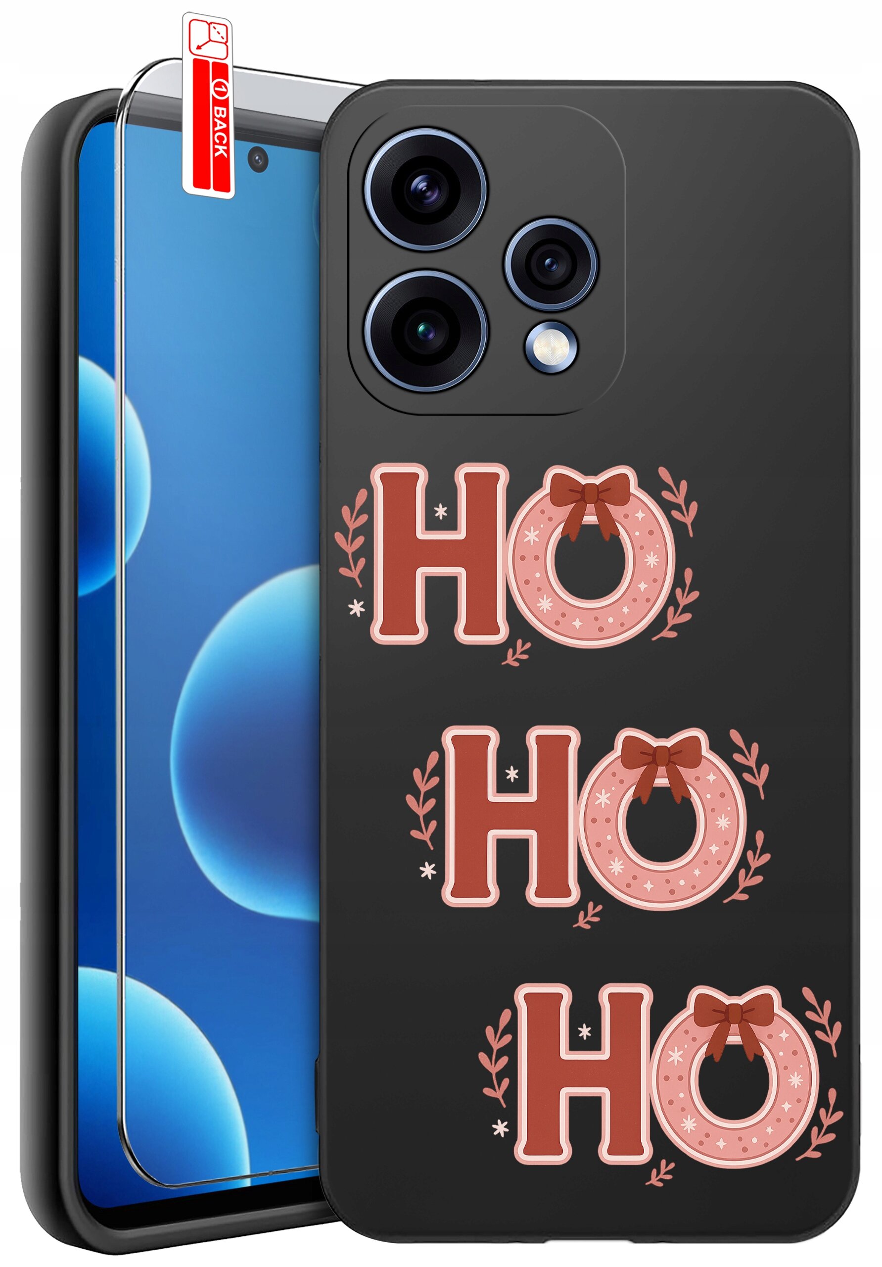 Czarne etui na telefon z trzema napisami \'HO HO HO\' ozdobionymi wieńcami i kokardkami. Obok etui znajduje się szkło ochronne z czerwoną naklejką \'BACK\'.