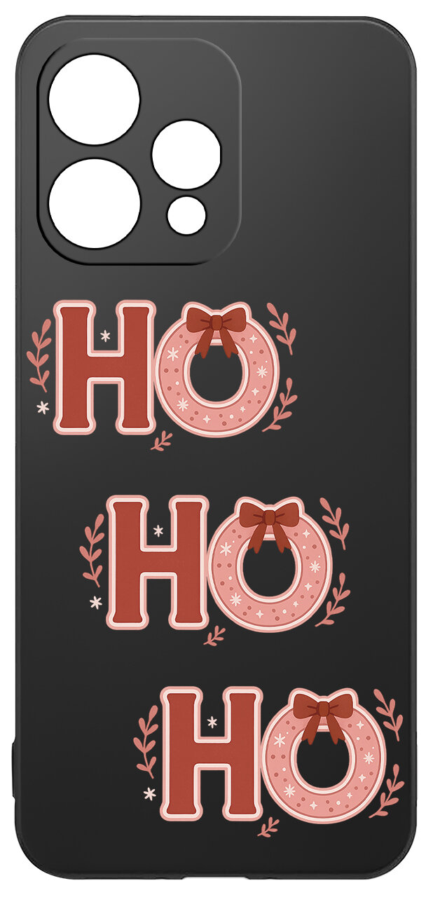 Czarne etui z trzema napisami \'HO HO HO\', gdzie litera \'O\' jest ozdobiona kokardką i gałązkami. Etui ma wycięcia na aparat z czterema okrągłymi otworami.
