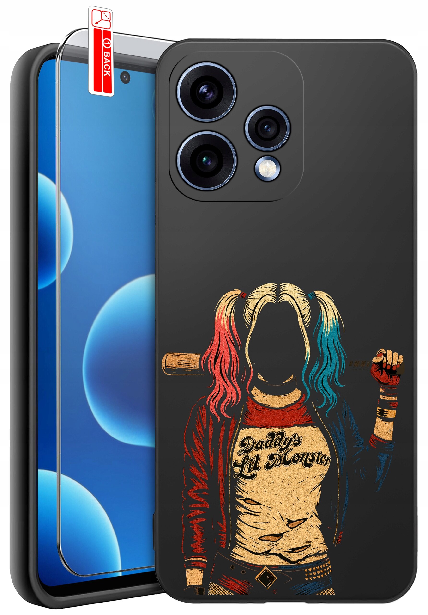 Etui na telefon z grafiką postaci z kolorowymi włosami i napisem \'Daddy\'s Lil Monster\'. Obok etui znajduje się szkło ochronne z oznaczeniem \'BACK\'.