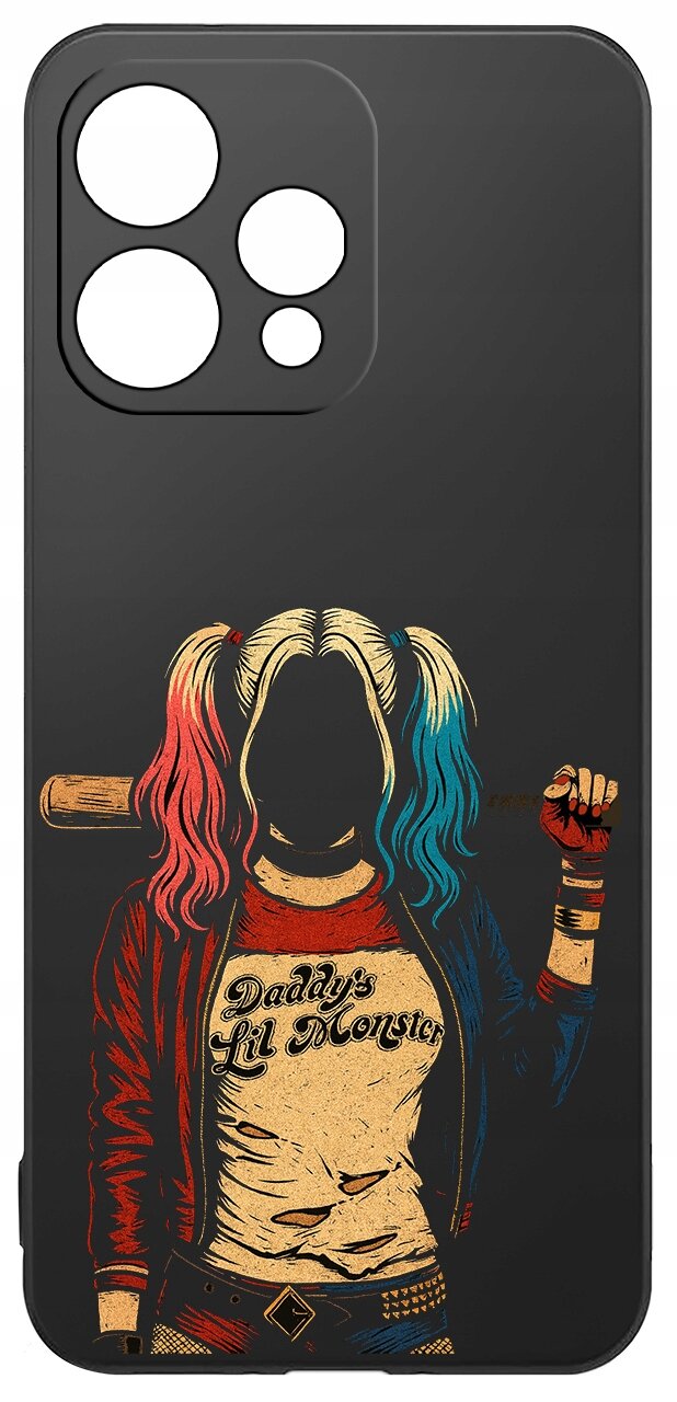 Etui na telefon z grafiką przedstawiającą postać z dwukolorowymi włosami, trzymającą kij baseballowy. Na koszulce widoczny jest napis \'Daddy\'s Lil Monster\'.