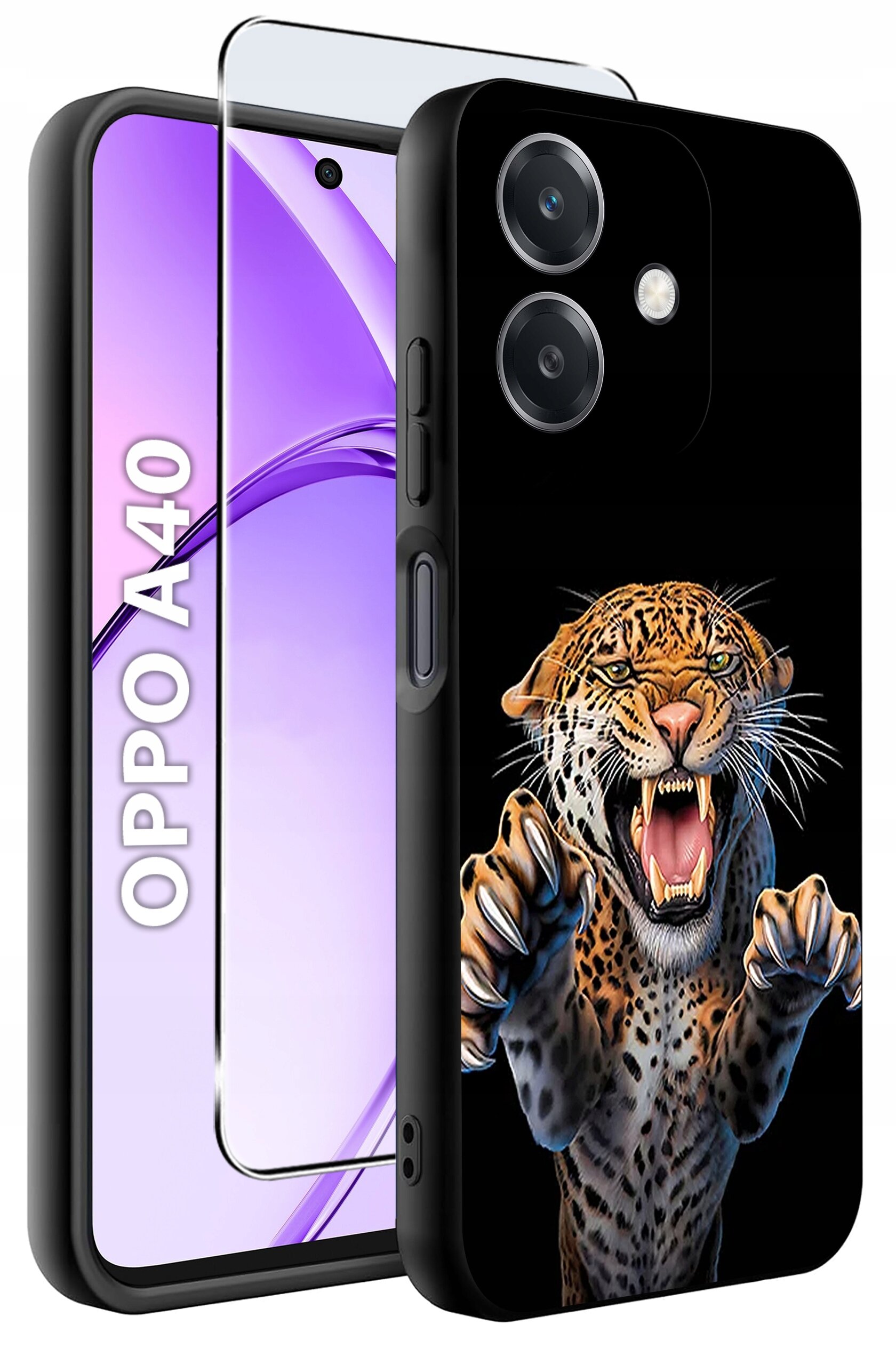 Obraz przedstawia etui na telefon z grafiką przedstawiającą ryczącego lamparta. Obok etui widoczny jest telefon z napisem \'OPPO A40\' oraz szkło ochronne.