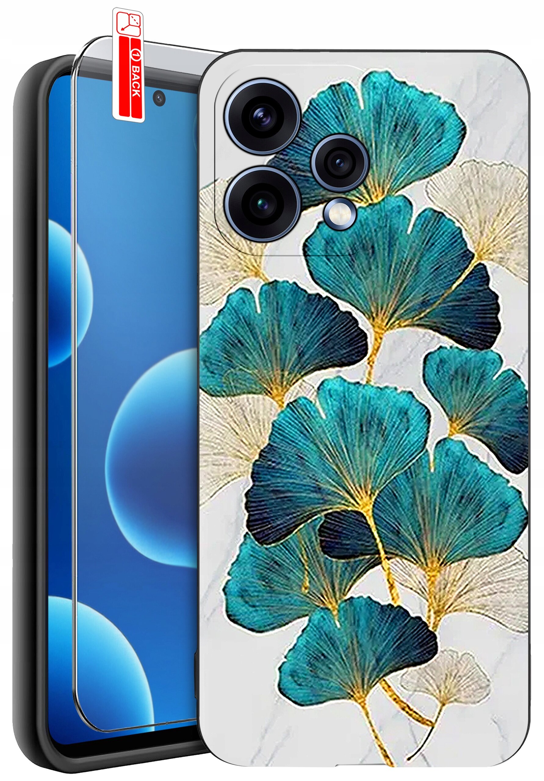 Obraz przedstawia telefon z nałożonym etui ozdobionym wzorem liści w odcieniach niebieskiego i złotego. Obok telefonu znajduje się szkło ochronne z etykietą \'BACK\'.