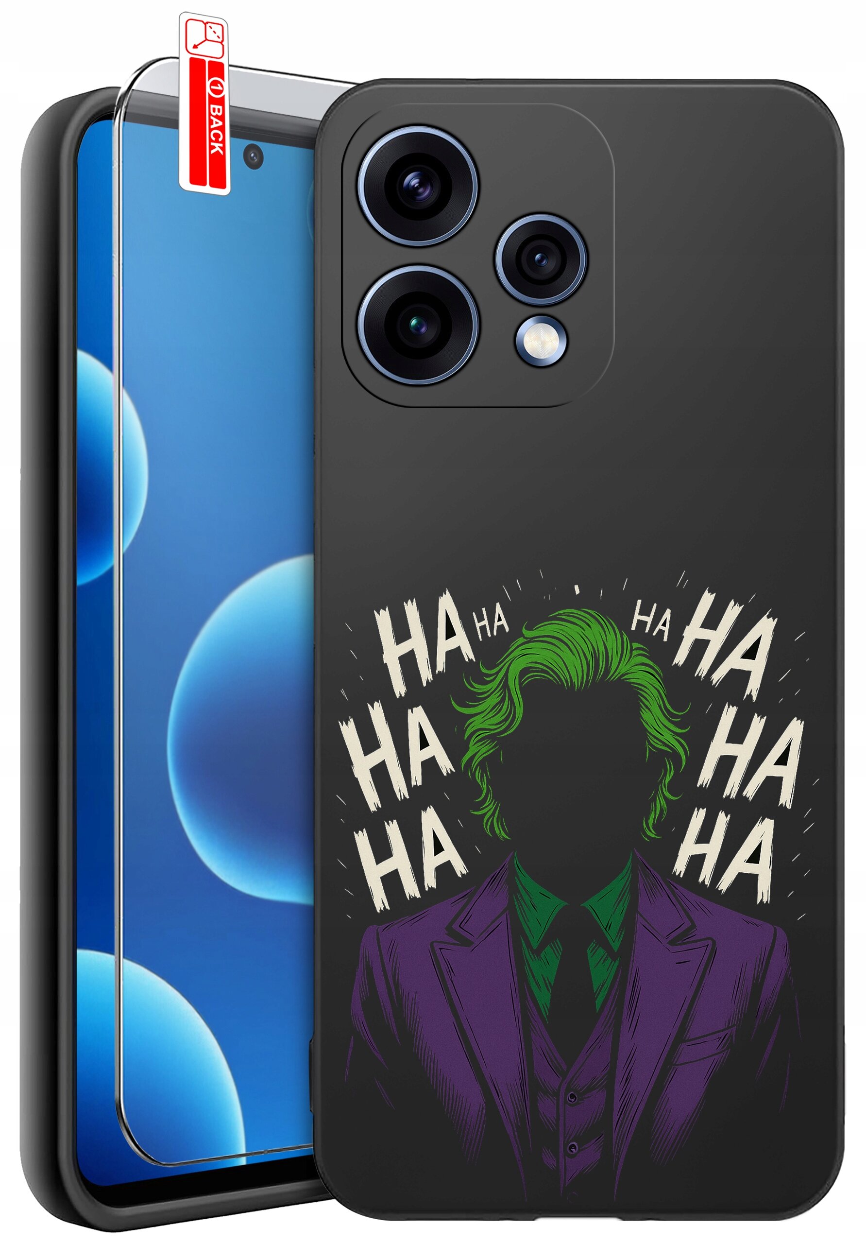 Etui na telefon z grafiką postaci w fioletowym garniturze i zielonych włosach, otoczone napisem \'HA HA HA\'. Obok znajduje się szkło ochronne z oznaczeniem \'BACK\'.