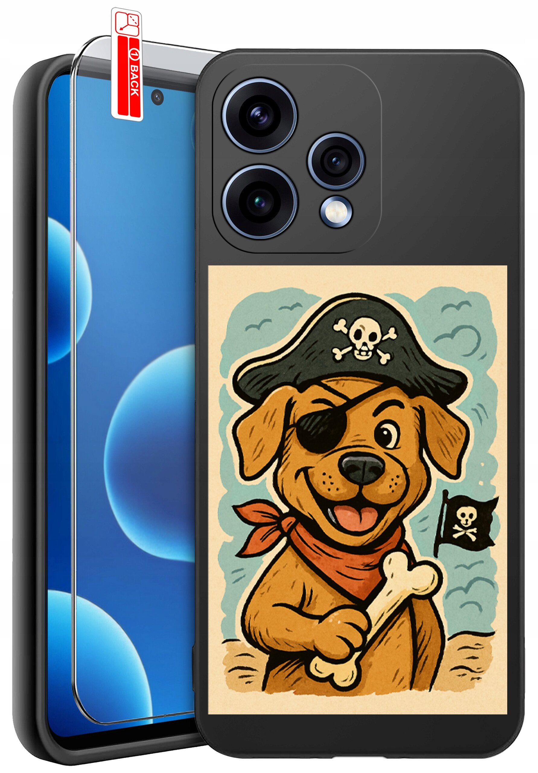 Etui na telefon z grafiką psa pirata trzymającego kość, z czarną opaską na oku i kapeluszem z czaszką. Obok etui znajduje się szkło ochronne z oznaczeniem \'BACK\'.