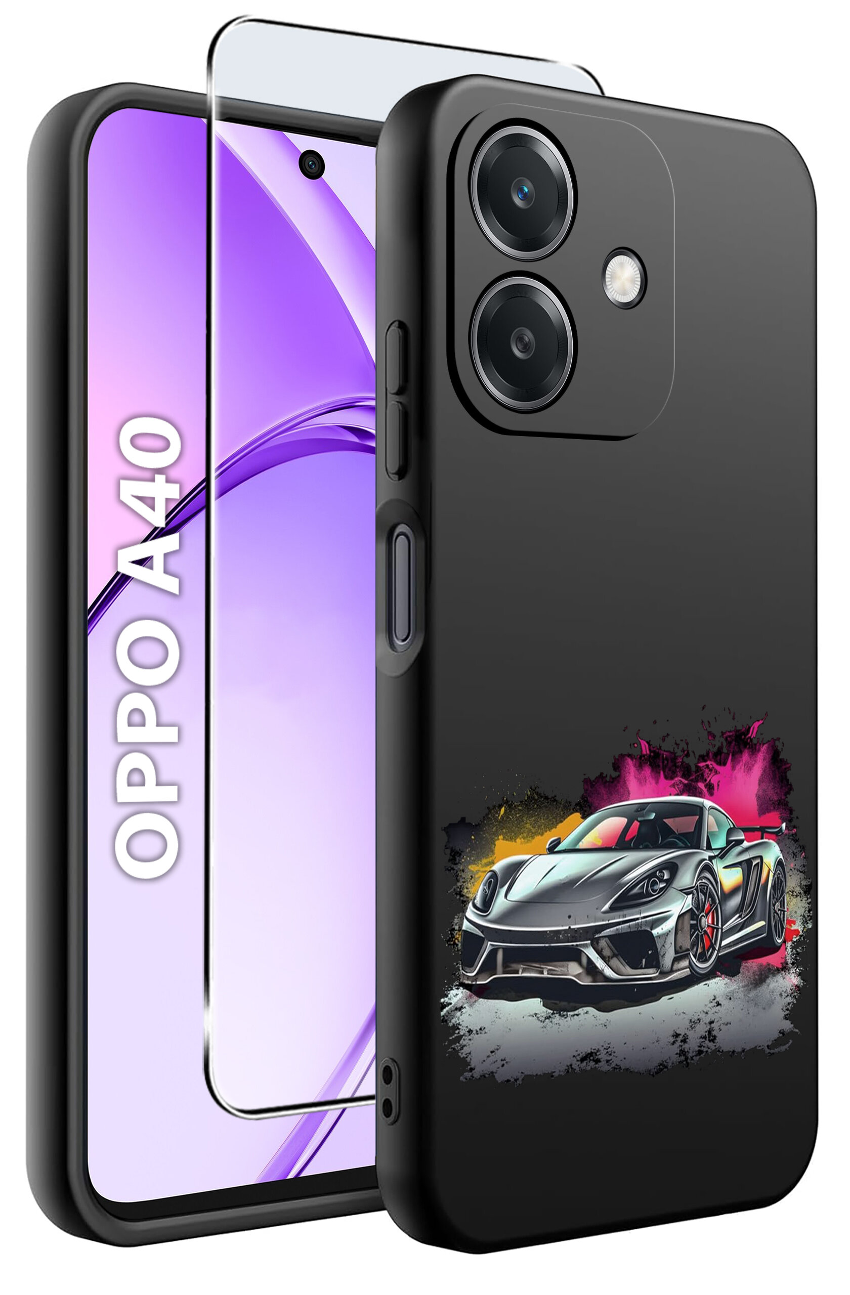 Obraz przedstawia etui na telefon Oppo A40 z nadrukiem sportowego samochodu na czarnym tle. Obok etui widoczny jest telefon z napisem \'OPPO A40\' na ekranie oraz szkło ochronne.