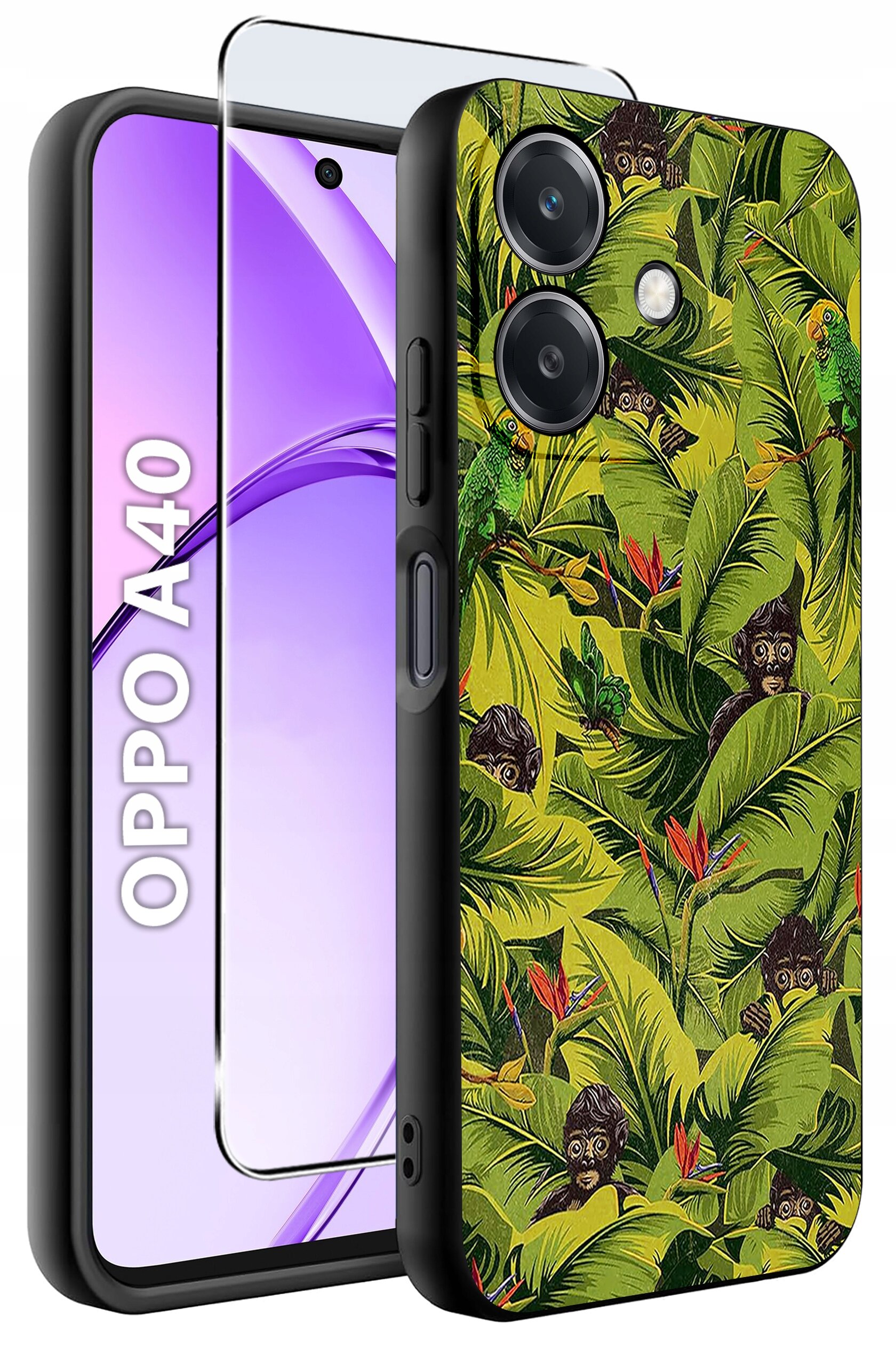Etui na telefon z motywem tropikalnym, przedstawiającym zielone liście i małpy, obok telefonu z napisem \'OPPO A40\'.