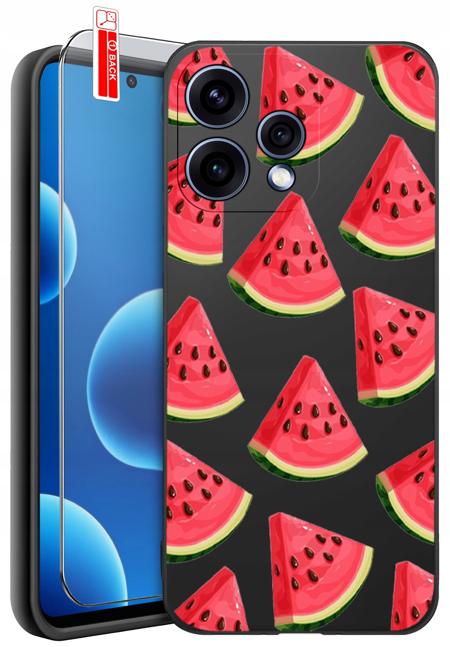 Obraz przedstawia telefon z nałożonym etui ozdobionym wzorem kawałków arbuza. Obok telefonu znajduje się szkło ochronne z napisem \'BACK\'.