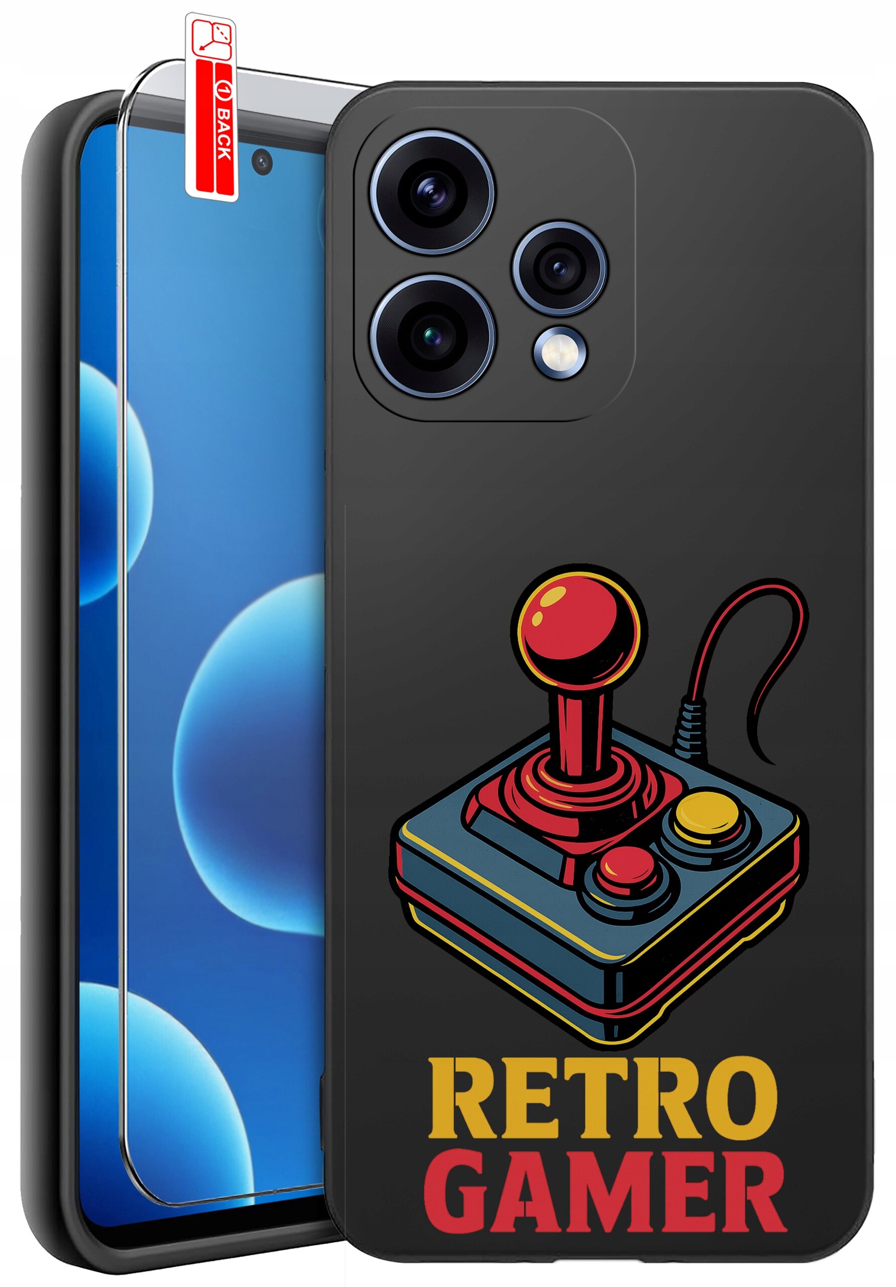 Etui na telefon z grafiką joysticka i napisem \'RETRO GAMER\'. Obok etui znajduje się szkło ochronne z oznaczeniem \'BACK\'.