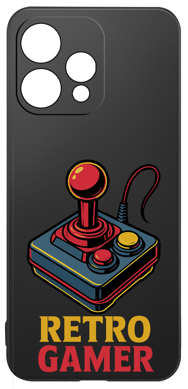 Czarne etui z grafiką joysticka w stylu retro oraz napisem \'RETRO GAMER\' na dole. Etui posiada wycięcia na aparat i przyciski.