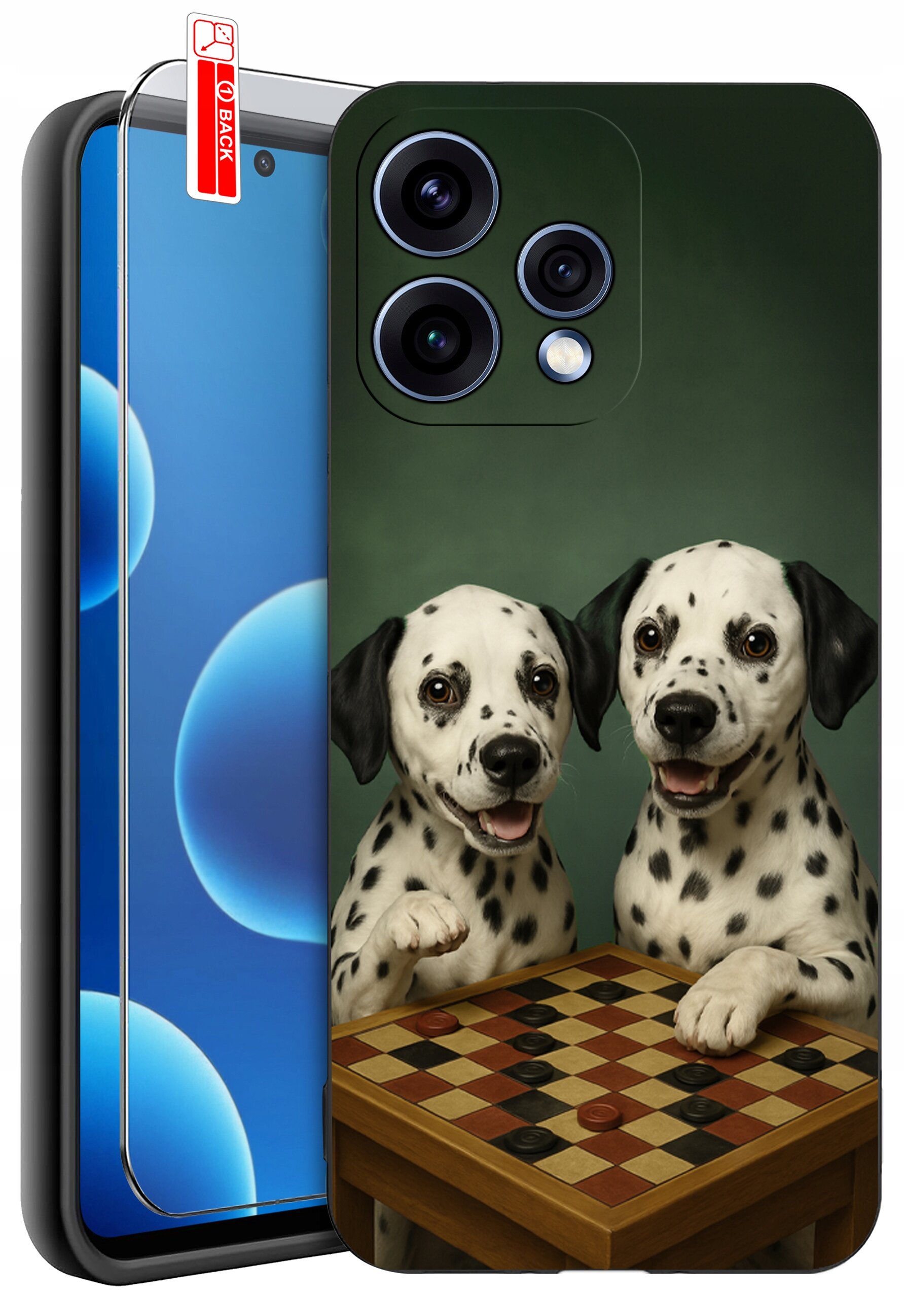 Etui na telefon z nadrukiem dwóch dalmatyńczyków przy stole do gry w warcaby. Obok znajduje się szkło ochronne z oznaczeniem \'BACK\'.