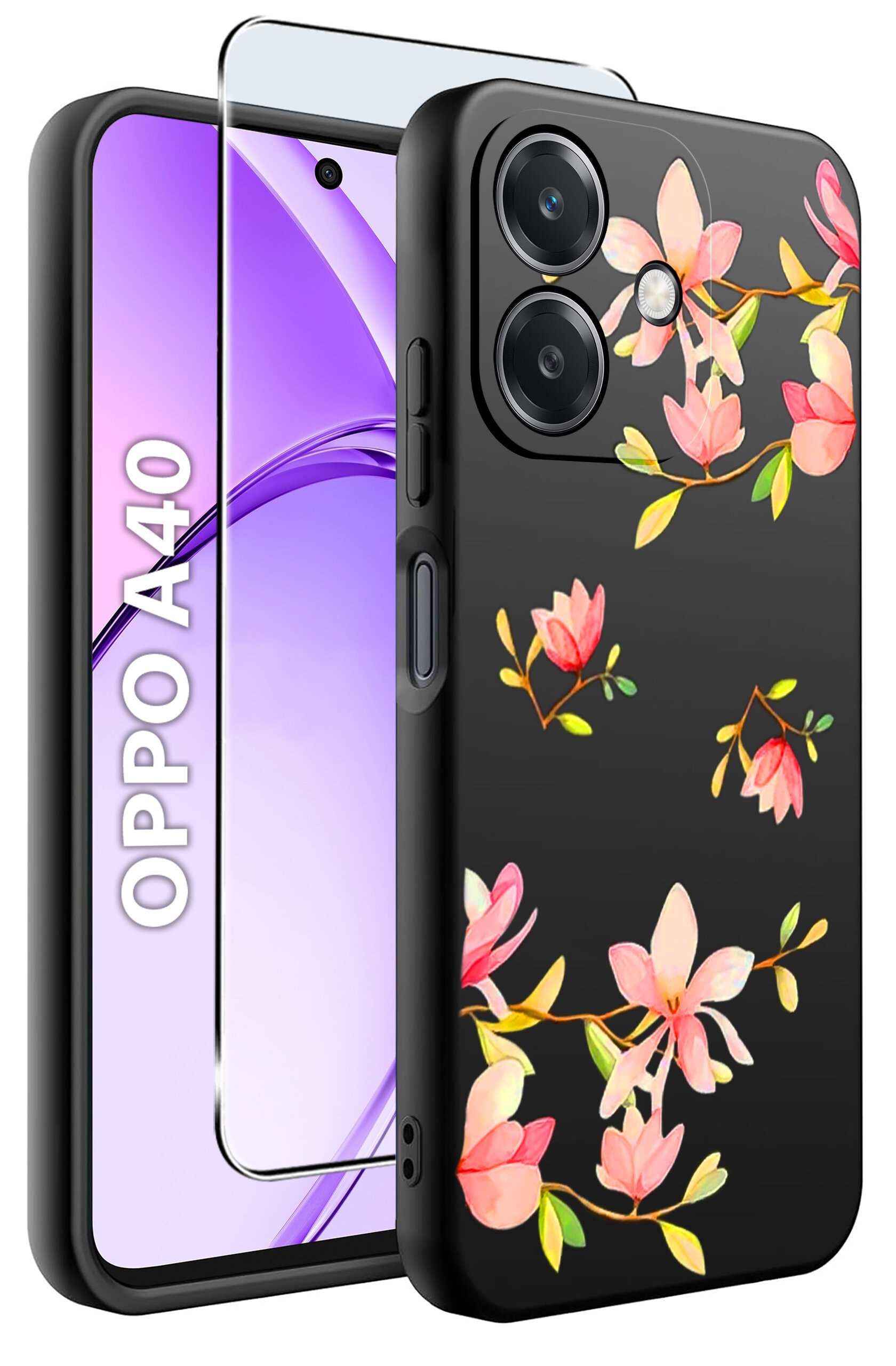 Obraz przedstawia czarne etui na telefon z motywem kwiatowym oraz szkło ochronne. Obok widoczny jest telefon z napisem \'OPPO A40\'.
