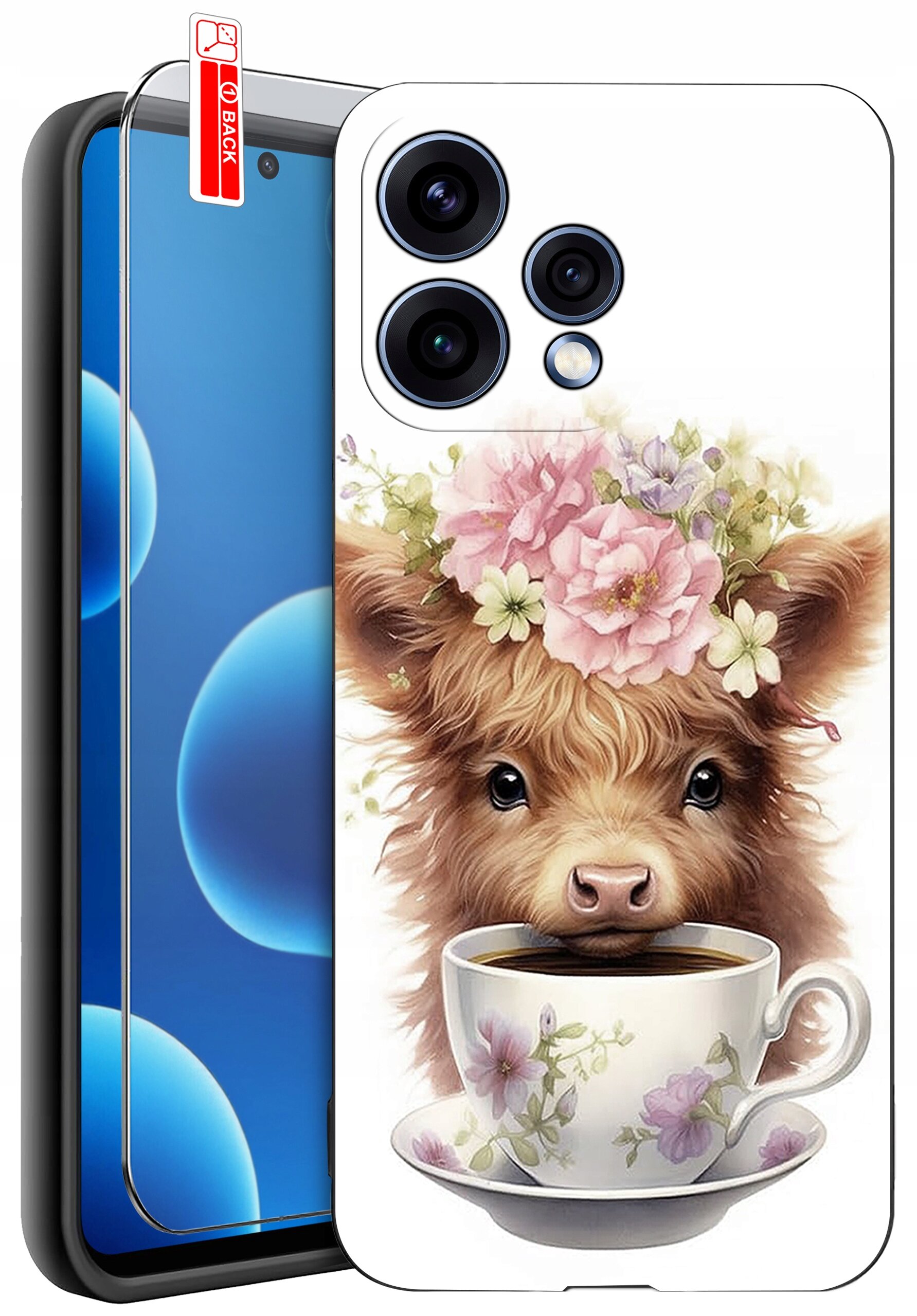 Etui na telefon z nadrukiem przedstawiającym urocze zwierzę z kwiatami na głowie, patrzące znad filiżanki. Obok znajduje się szkło ochronne z oznaczeniem \'BACK\'.