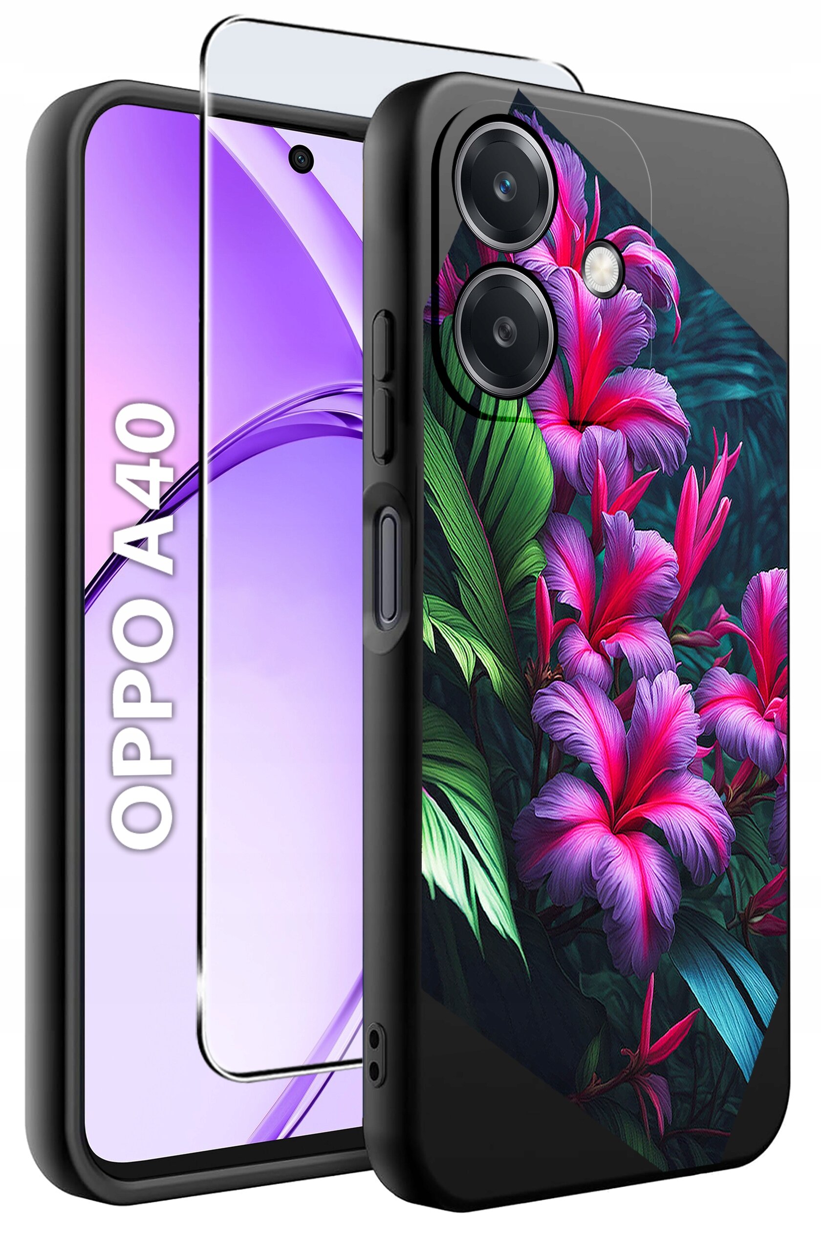 Etui do telefonu z kolorowym wzorem kwiatów i liści, obok którego znajduje się szkło ochronne na ekran. Na ekranie telefonu widoczny jest napis \'OPPO A40\'.