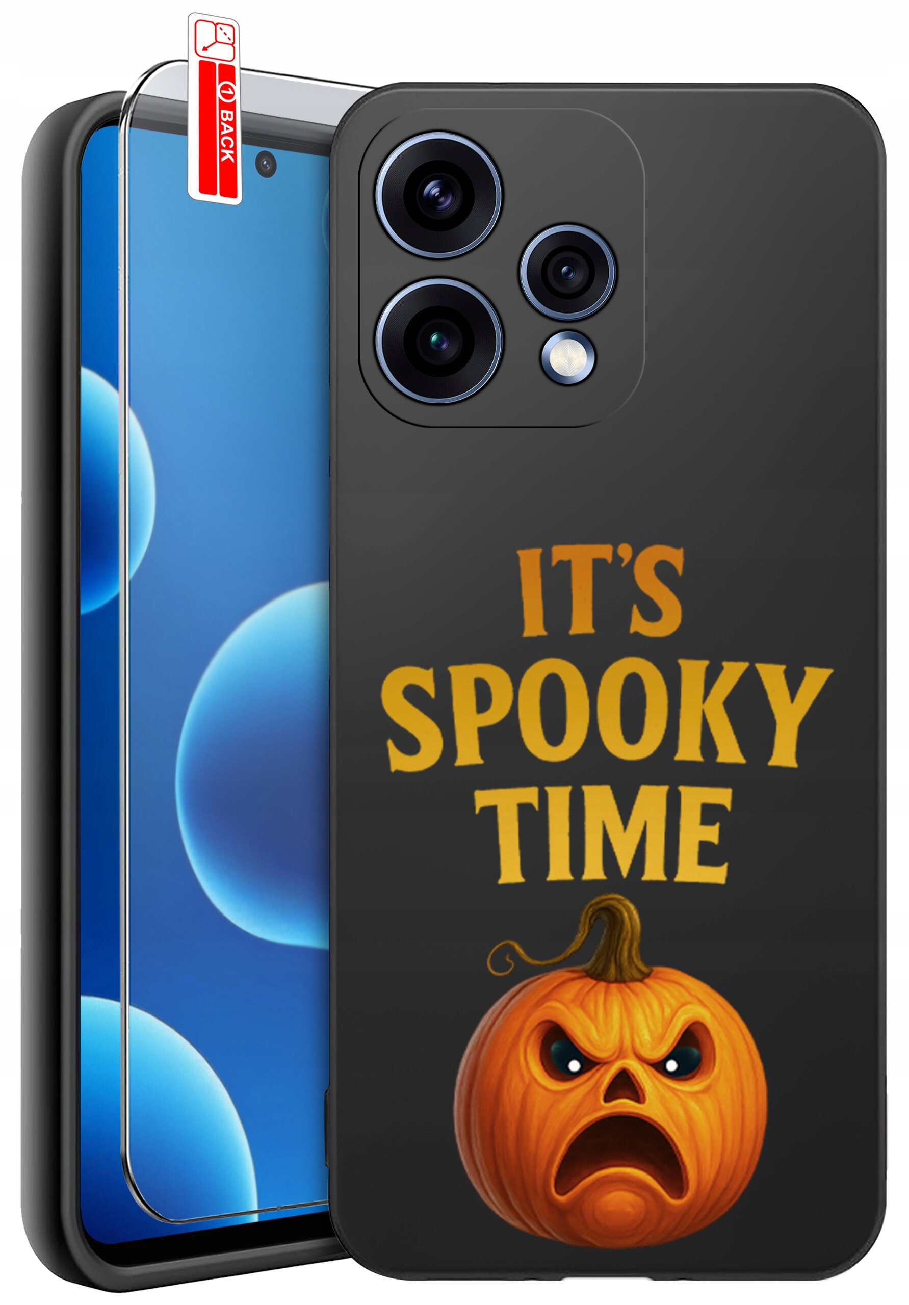 Etui na telefon z napisem \'IT\'S SPOOKY TIME\' oraz grafiką dyni o wyrazistej mimice. Obok etui znajduje się szkło ochronne z oznaczeniem \'BACK\'.
