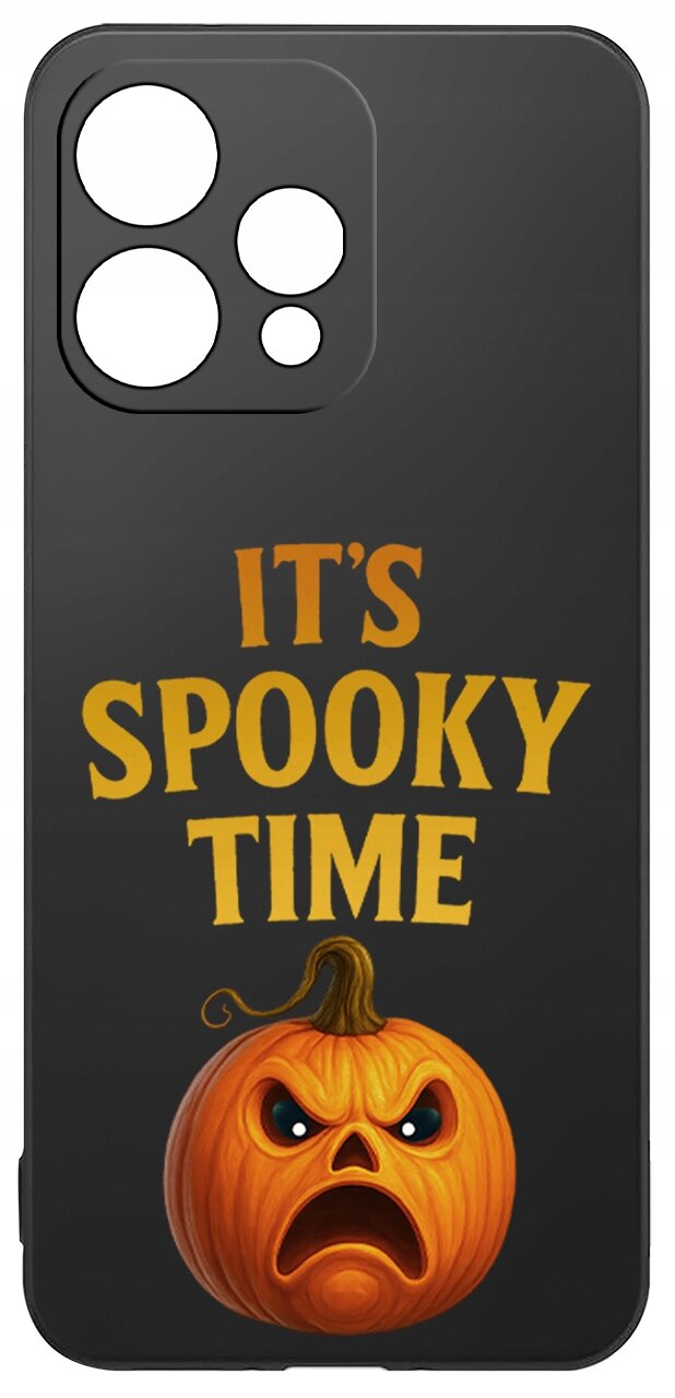 Czarne etui z napisem \'IT\'S SPOOKY TIME\' oraz grafiką dyni z wyrazem twarzy wyrażającym zaskoczenie lub strach.