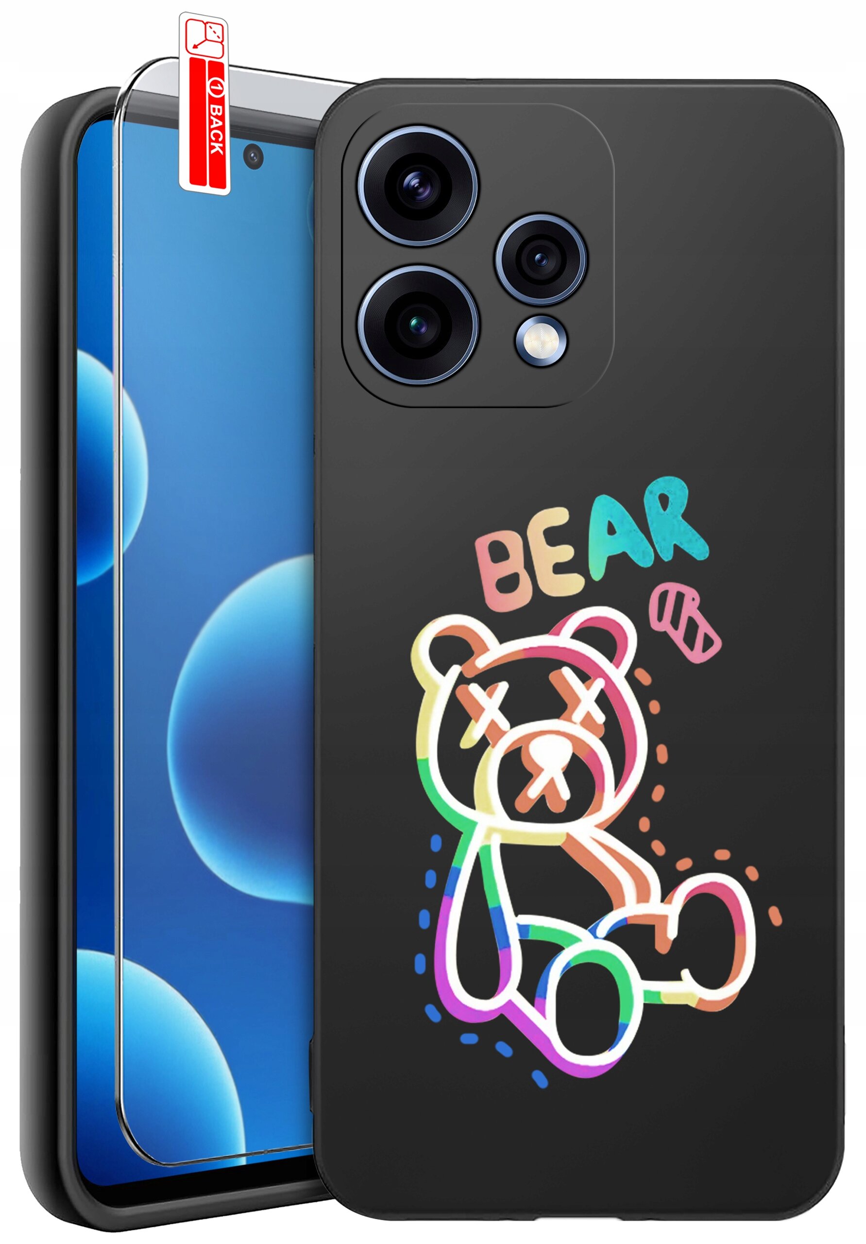 Czarne etui na telefon z kolorowym rysunkiem misia i napisem \'BEAR\'. Obok etui znajduje się szkło ochronne z oznaczeniem \'BACK\'.