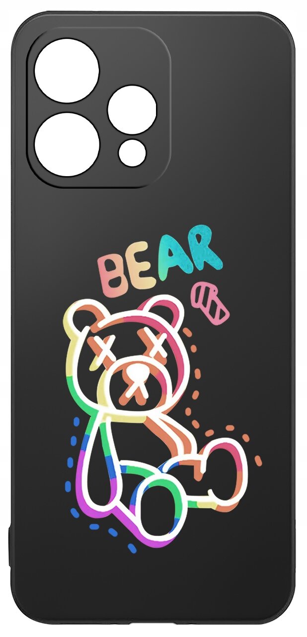 Czarne etui z kolorowym rysunkiem misia z zamkniętymi oczami i napisem \'BEAR\'.