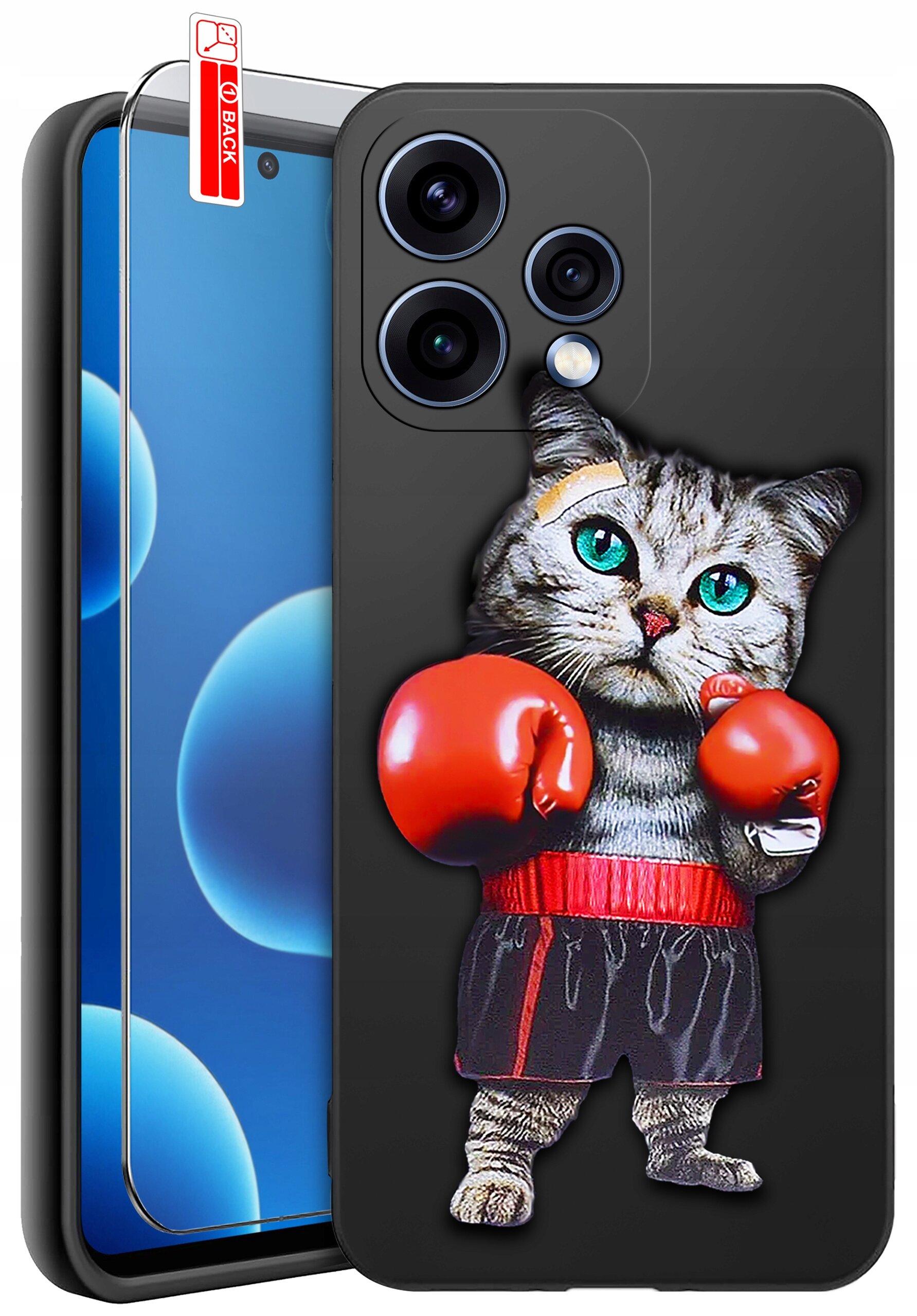 Etui na telefon z grafiką kota w rękawicach bokserskich, obok widoczne szkło ochronne z napisem \'BACK\'.