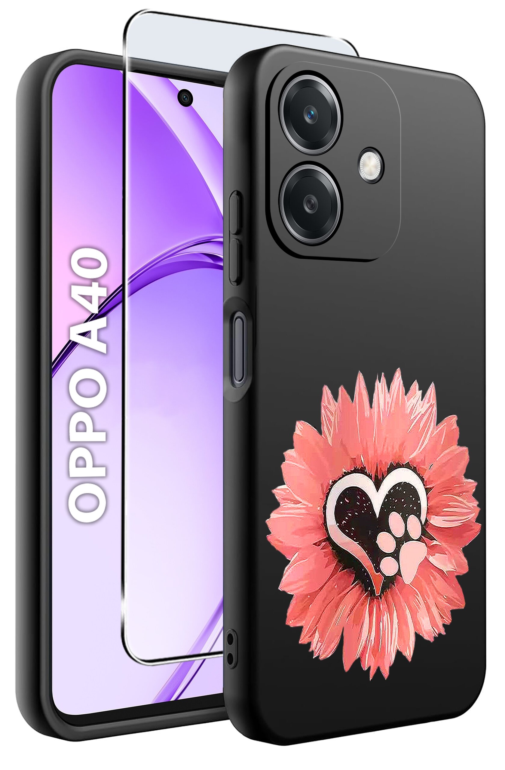Obraz przedstawia czarne etui na telefon z motywem różowego kwiatu i serca z odciskiem łapy. Obok etui widoczny jest telefon z napisem \'OPPO A40\' oraz szkło ochronne.