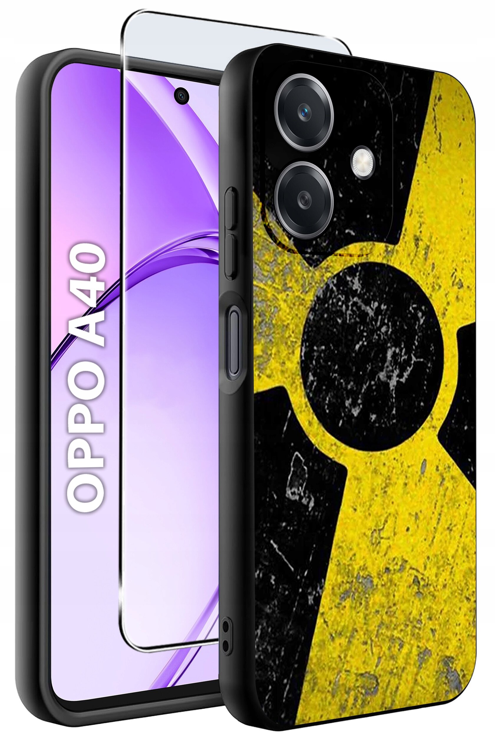 Obraz przedstawia etui na telefon z motywem żółtego znaku ostrzegawczego na czarnym tle oraz szkło ochronne. Obok widoczny jest telefon z napisem \'OPPO A40\'.