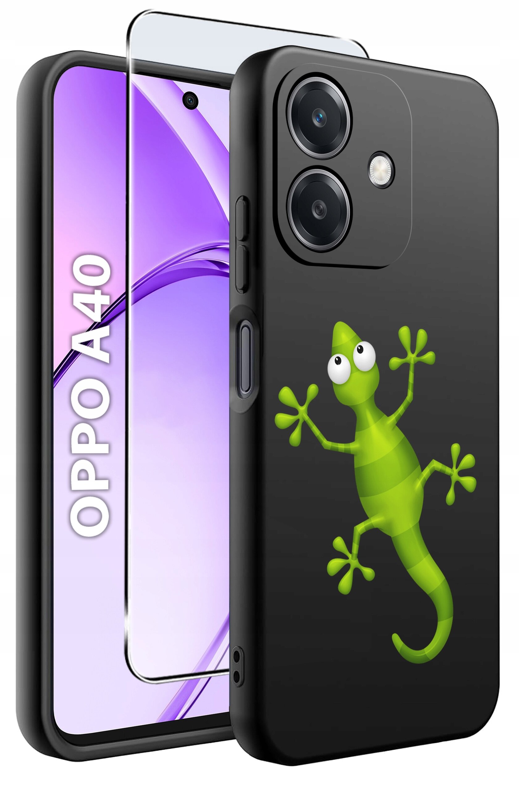 Obraz przedstawia etui na telefon z zielonym rysunkiem jaszczurki oraz szkło ochronne. Na ekranie telefonu widoczny jest napis \'OPPO A40\'.