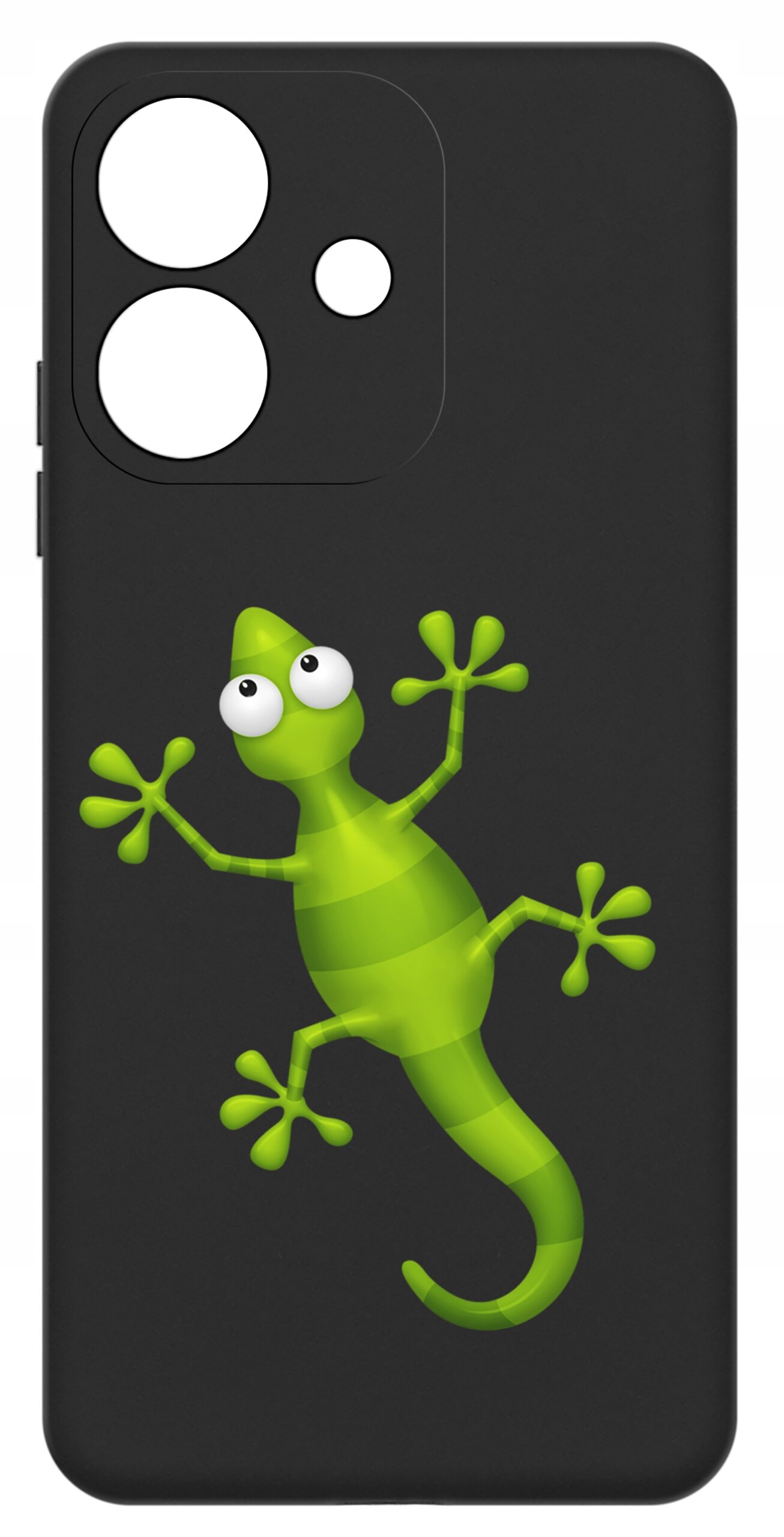 Czarne etui z zielonym rysunkiem jaszczurki o dużych oczach. Etui ma trzy otwory na aparat fotograficzny.