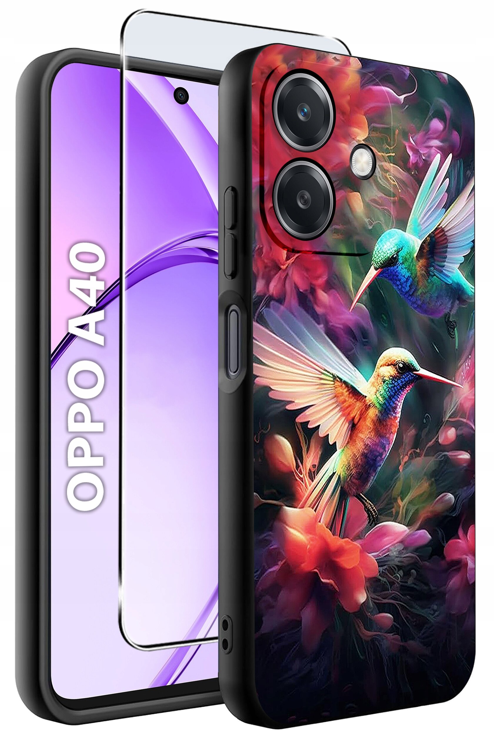 Obraz przedstawia etui na telefon z kolorowym wzorem kolibrów i kwiatów. Obok widoczny jest telefon z napisem \'OPPO A40\'.