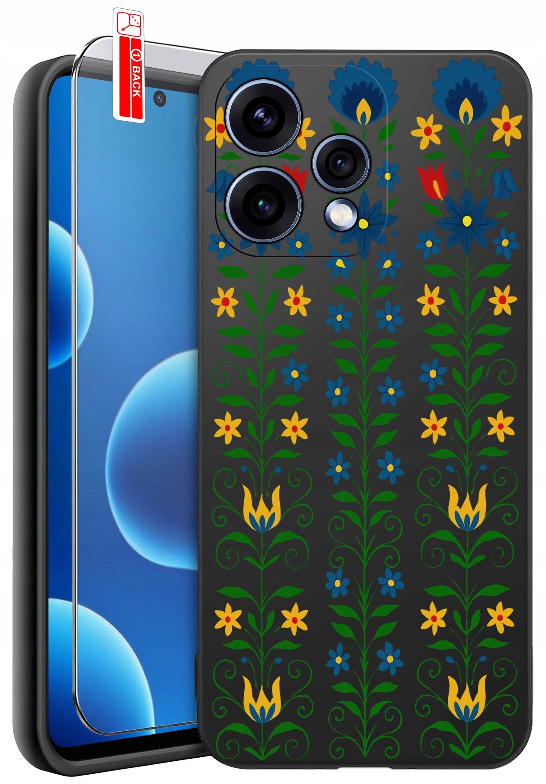 Na obrazie widoczne jest etui na telefon z kolorowym, kwiatowym wzorem oraz szkło ochronne z oznaczeniem \'BACK\'.
