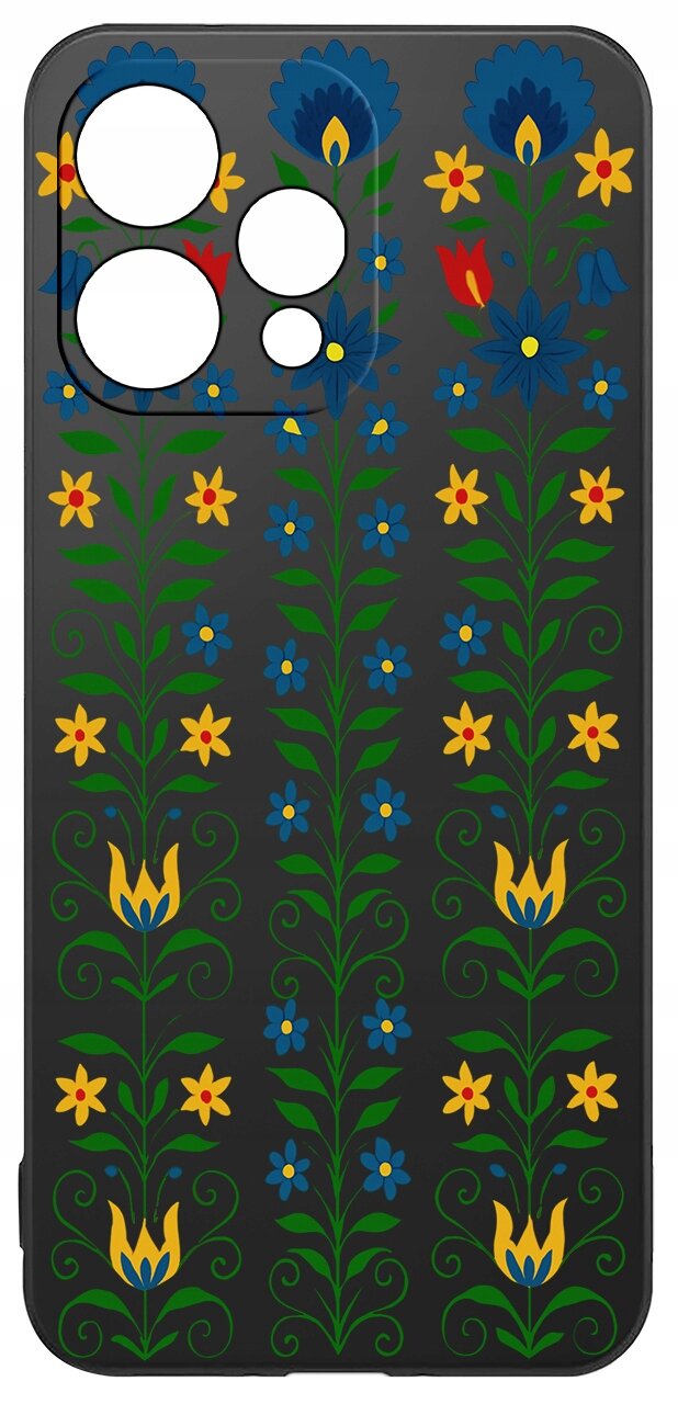Etui na telefon z czarnym tłem ozdobione kolorowym, kwiatowym wzorem w odcieniach niebieskiego, żółtego, czerwonego i zielonego. Wzór składa się z pionowych linii kwiatów i liści.