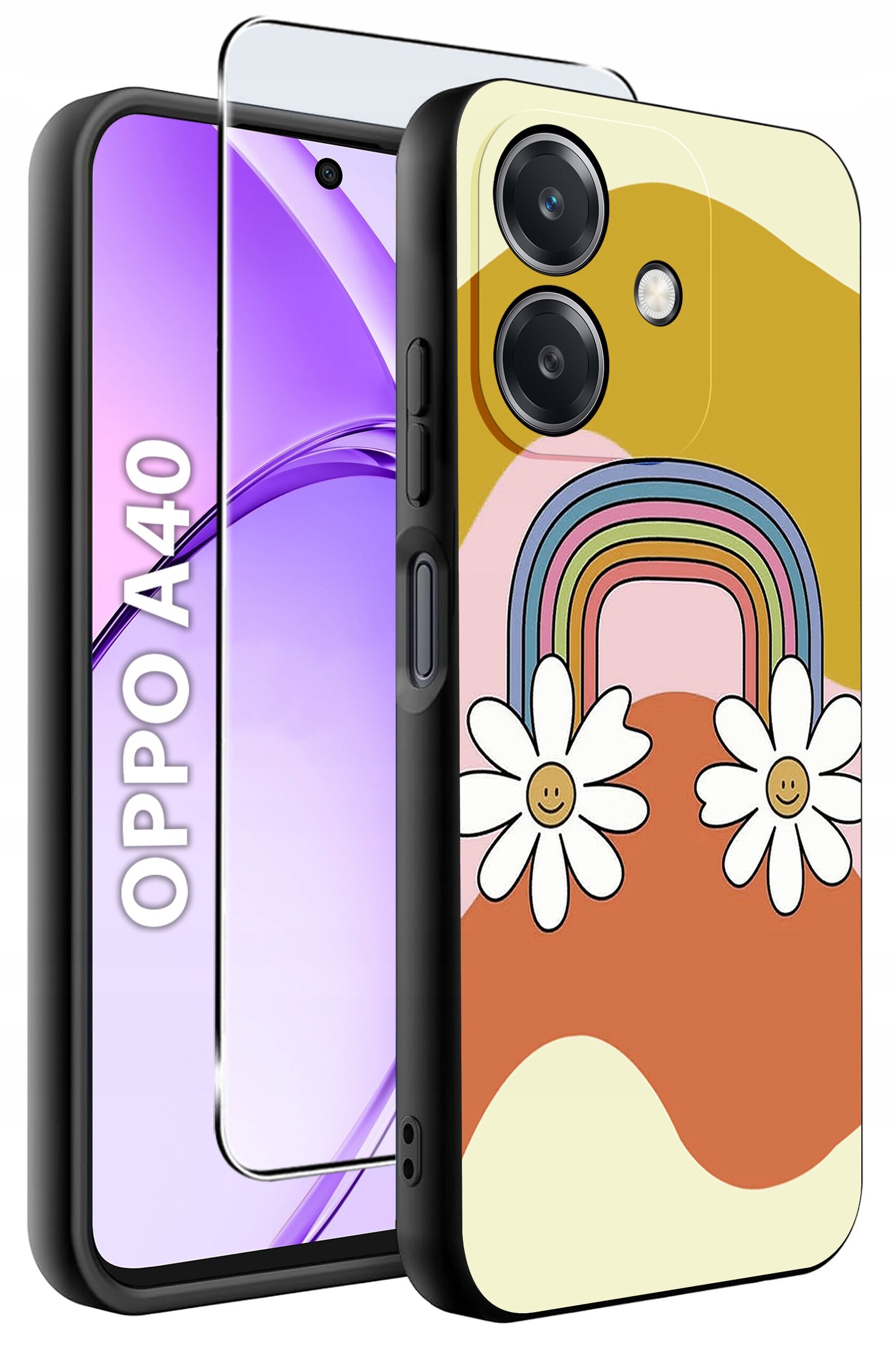Obraz przedstawia etui na telefon z kolorowym wzorem tęczy i kwiatów oraz szkło ochronne. Na ekranie telefonu widoczny jest napis \'OPPO A40\'.